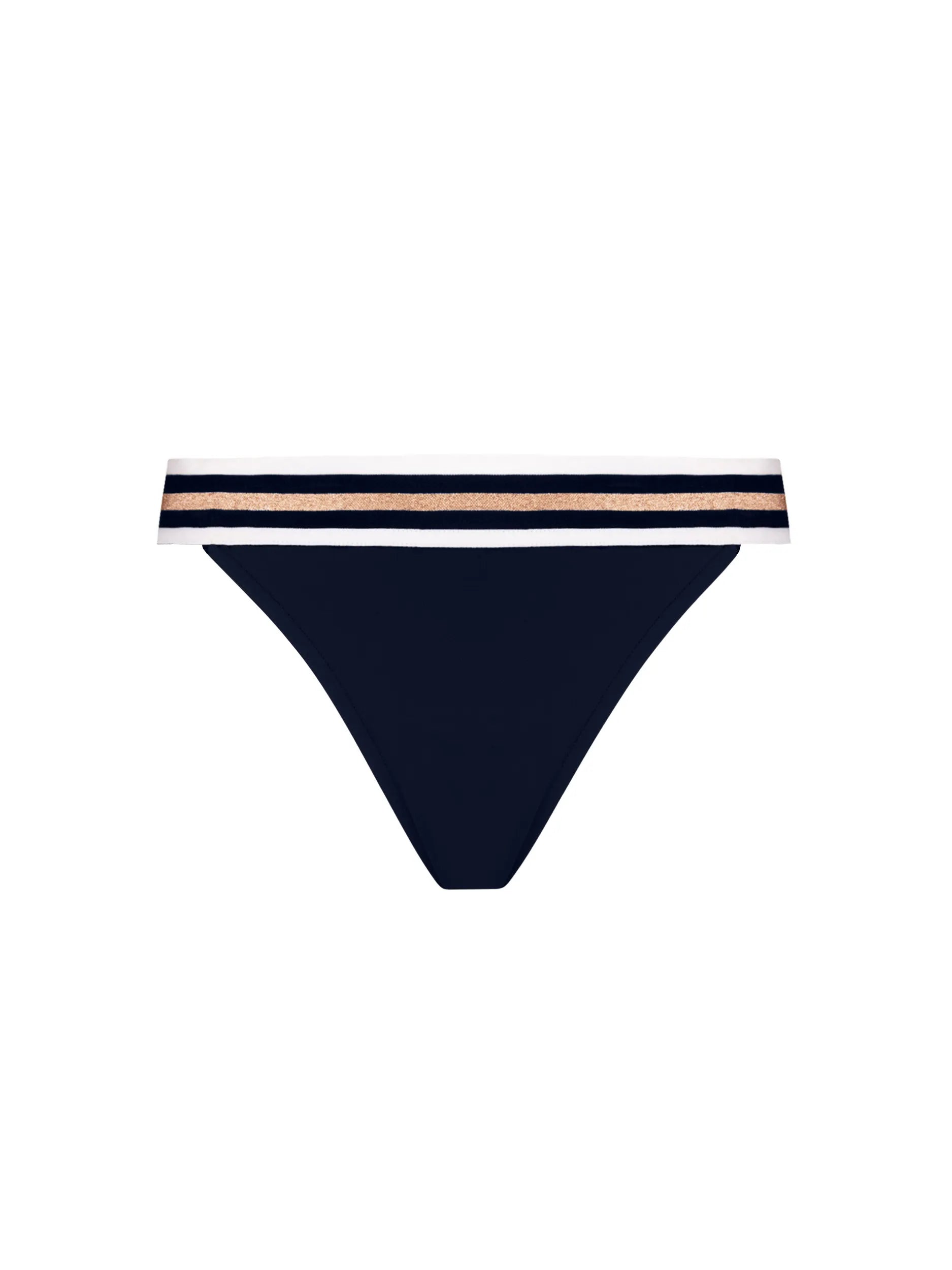 Low waist bottom in navy blue with gold and white stripes on the waist band
