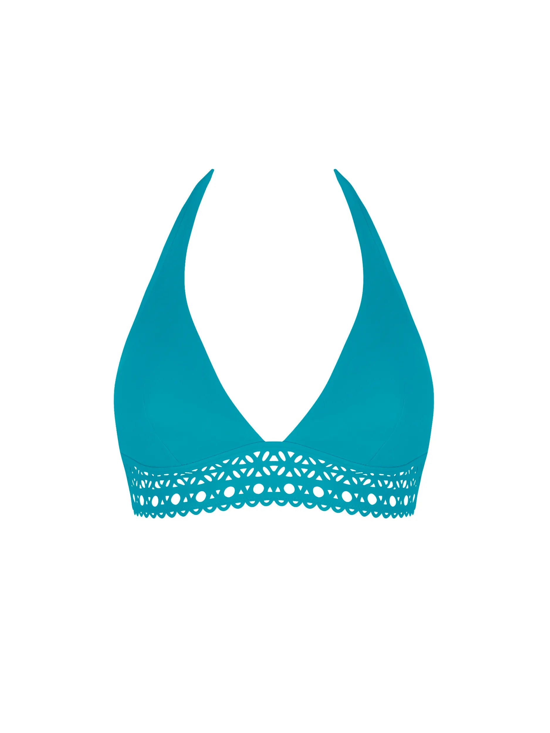 Teal triangle bikini top with lace detailing