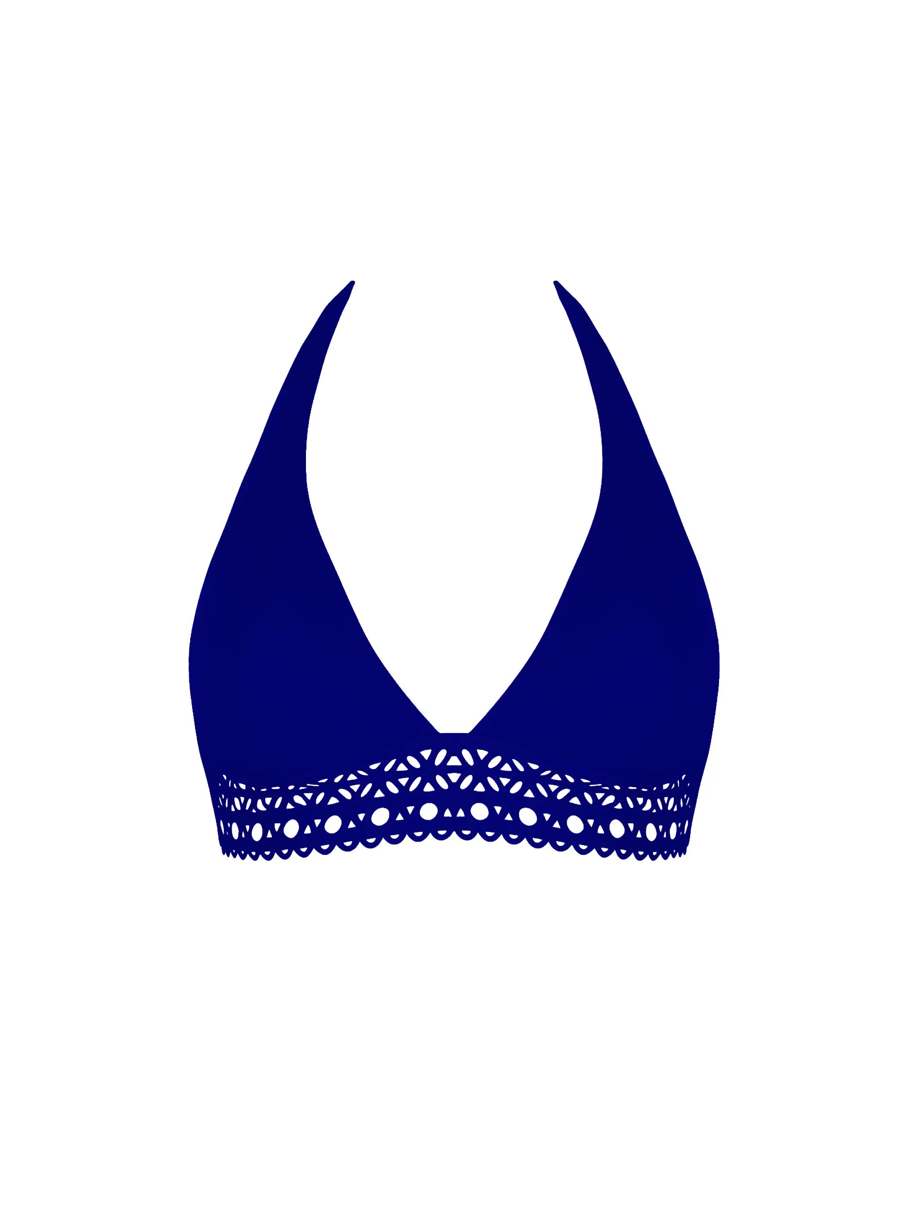 Fixed triangle top with lattice detail in the front and a clasp and thick halter ties in the back