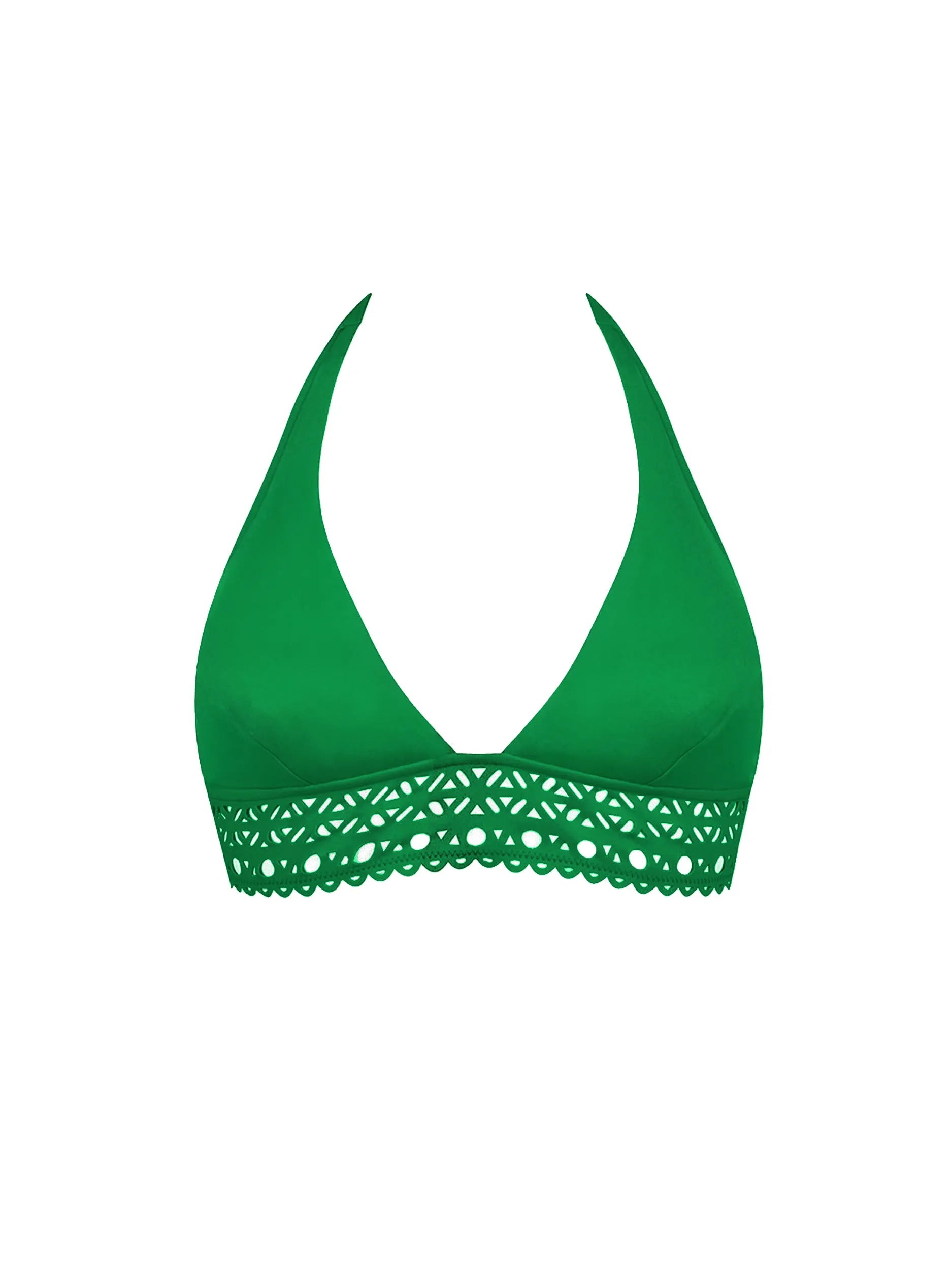 Green lattice detailed fixed triangle top with halter tie behind the neck