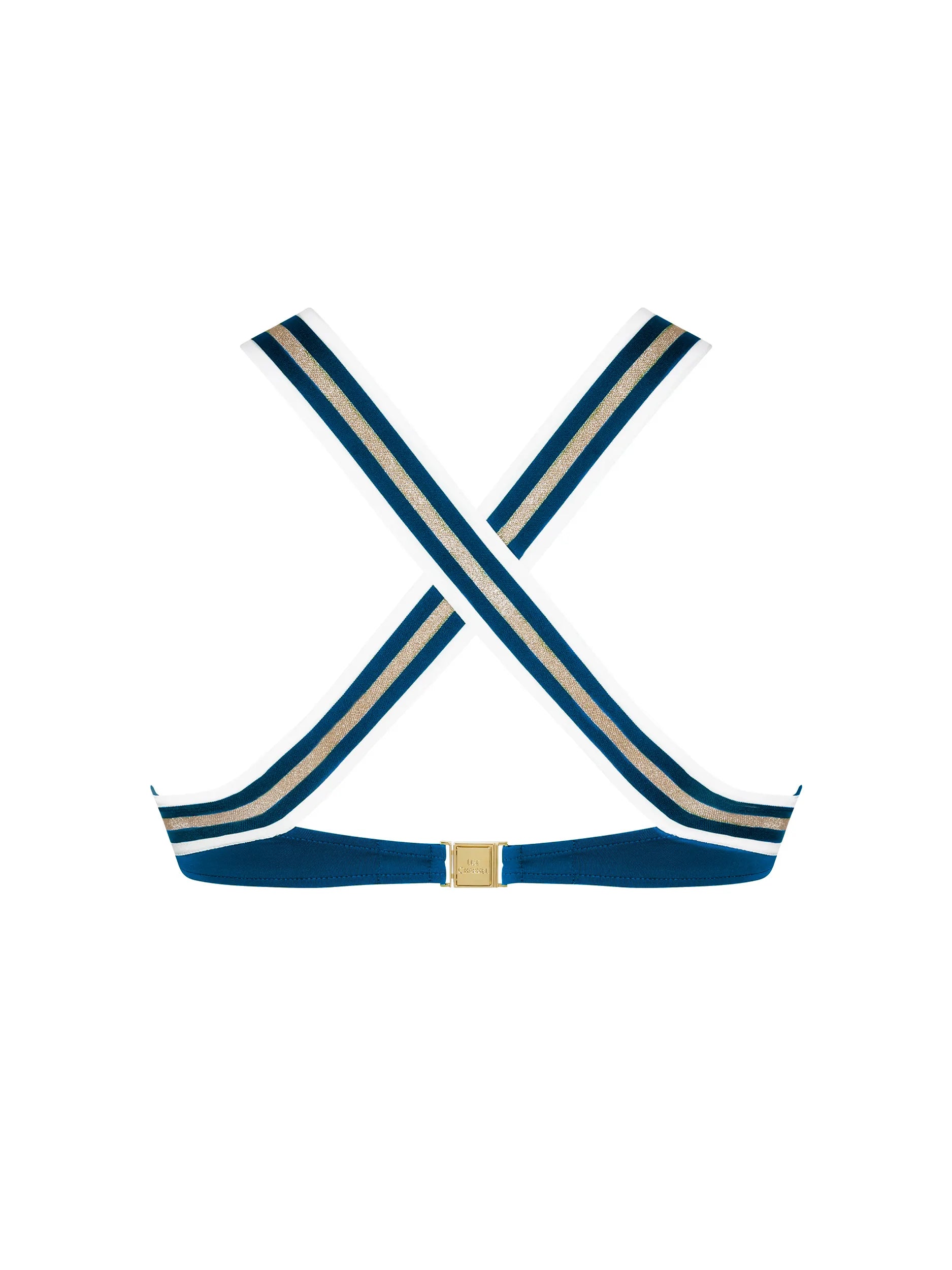 Fixed triangle bikini top with a racer back and striped trim