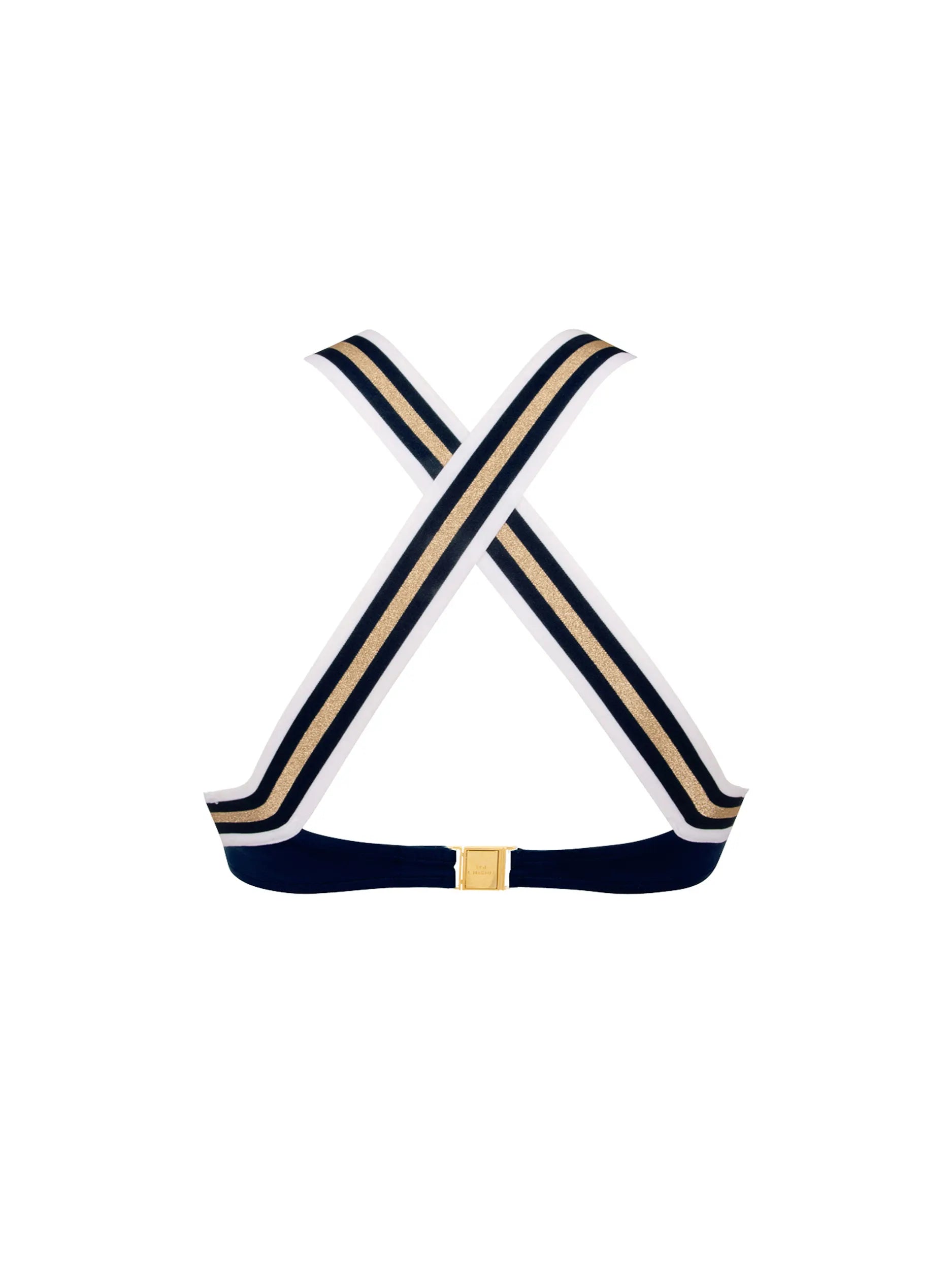 Fixed triangle top with a criss cross strapped back in navy blue with gold and white stripes