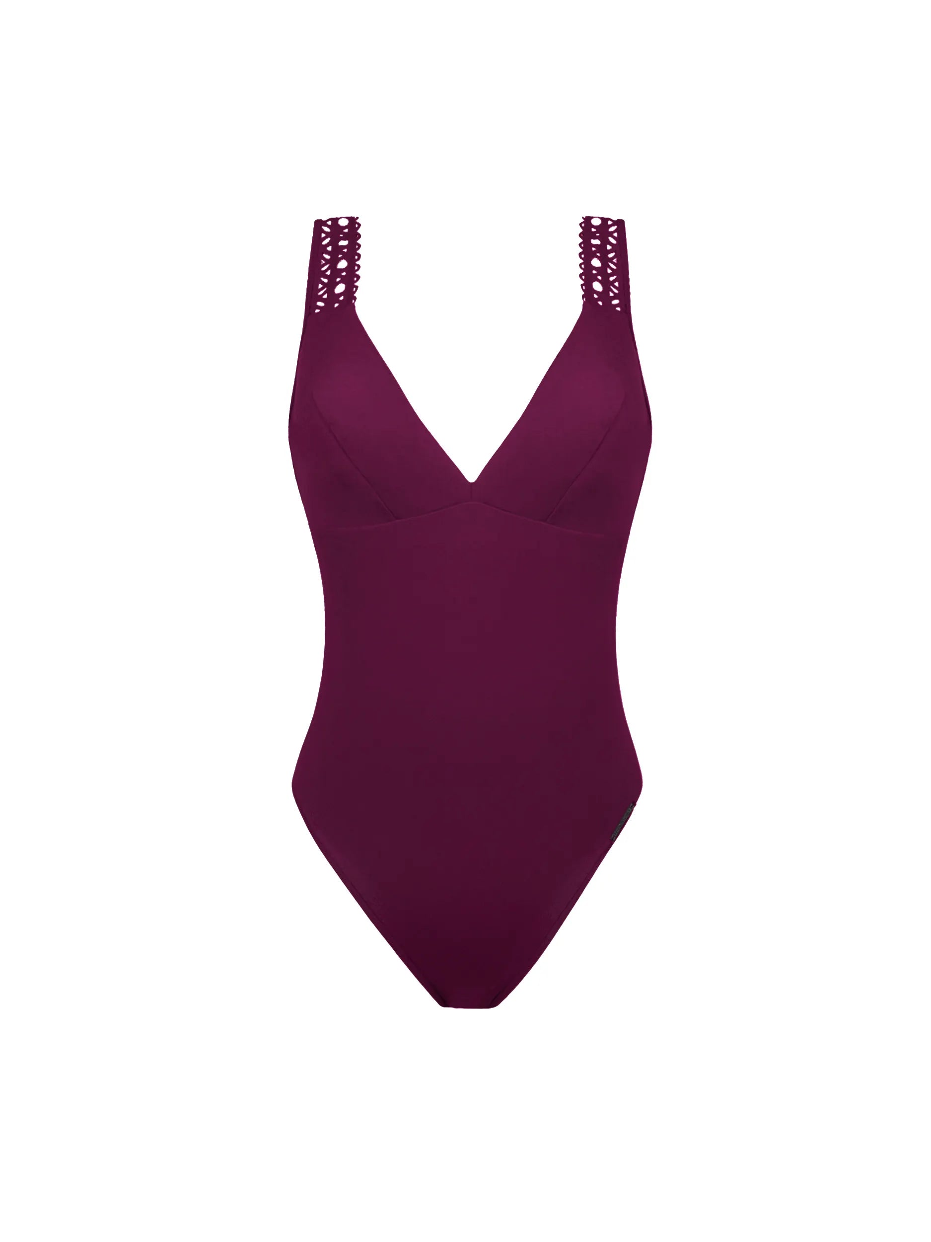 Maroon v neck one piece with lattice detail on the shoulders and back