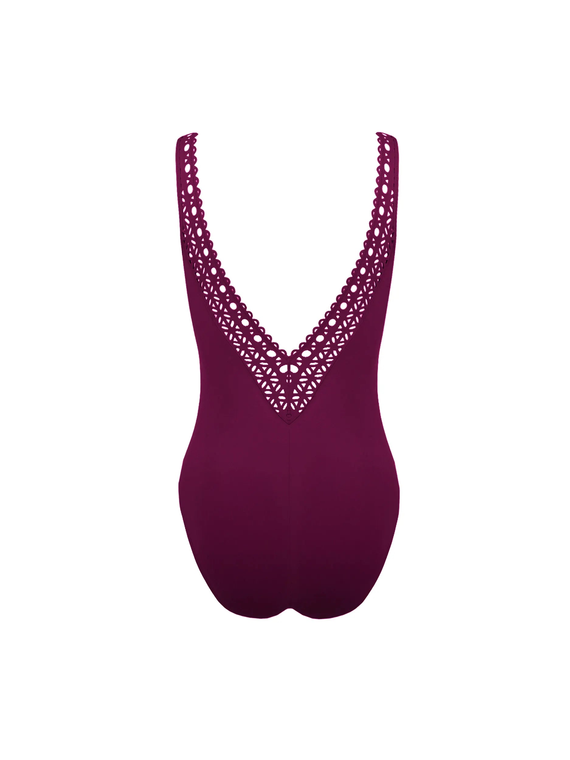 Maroon v neck one piece with lattice detail on the shoulders and back