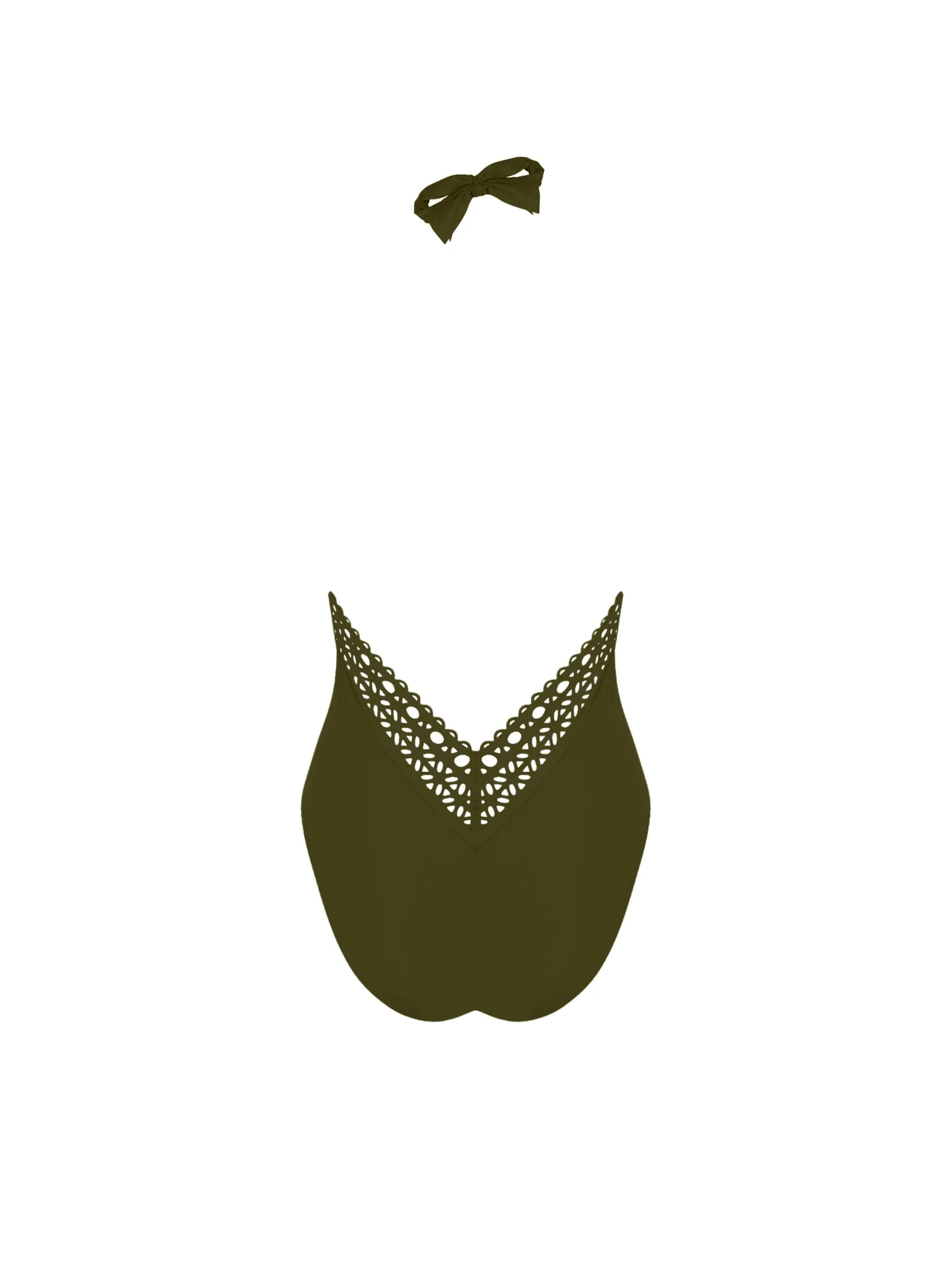 Dark green halter one piece with a plunging neckline