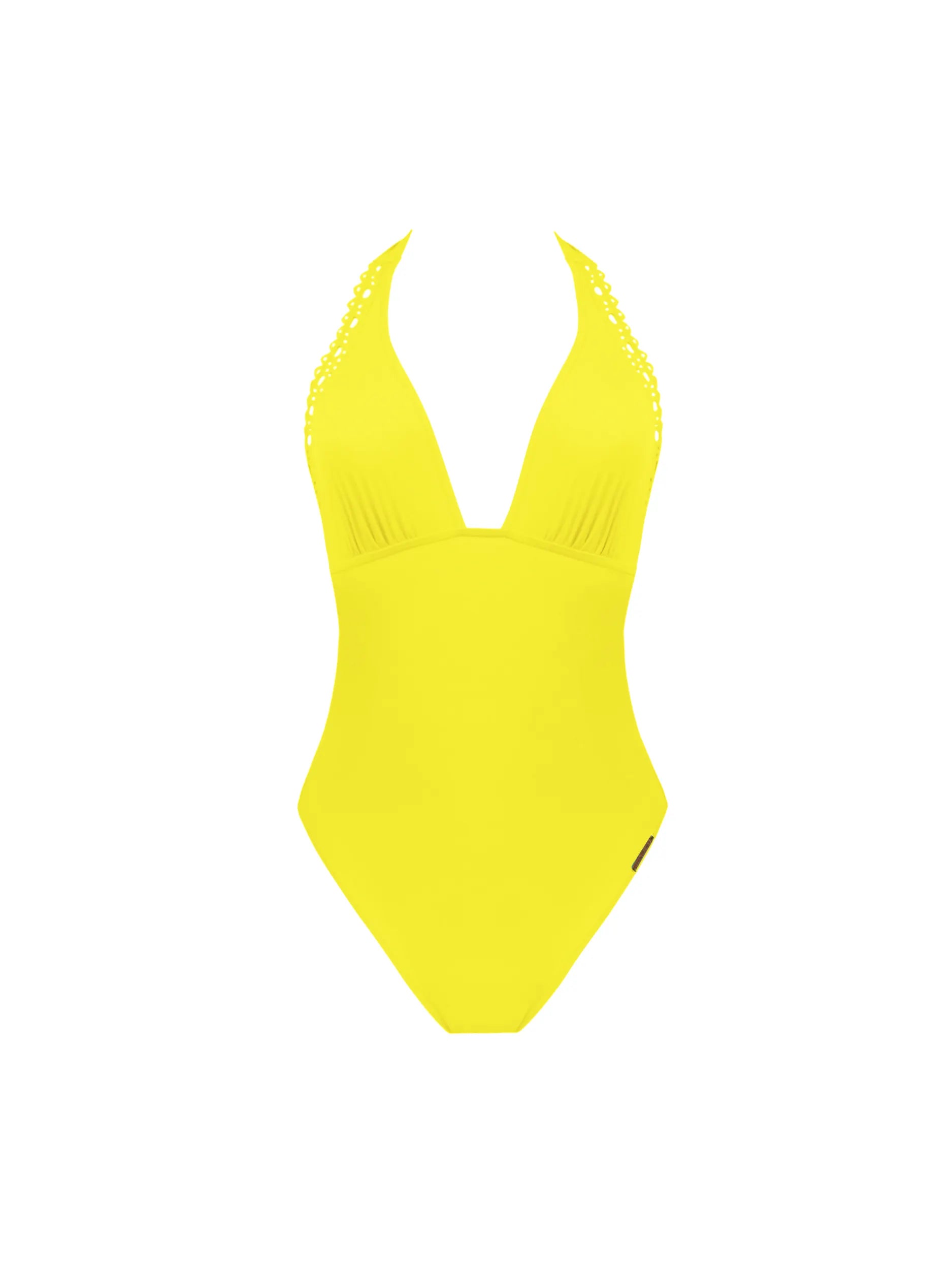 Plunging halter one piece with a low back in yellow