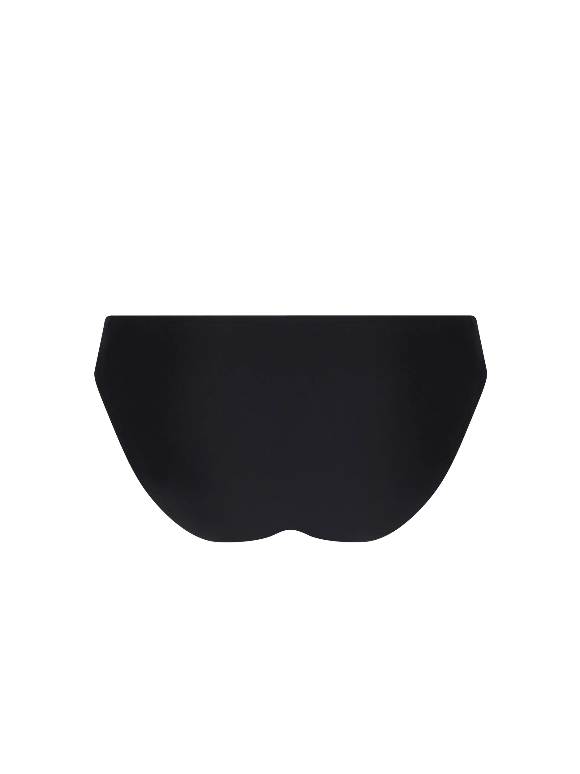 Black modest coverage bottom with wide sides and embellishment on the left side