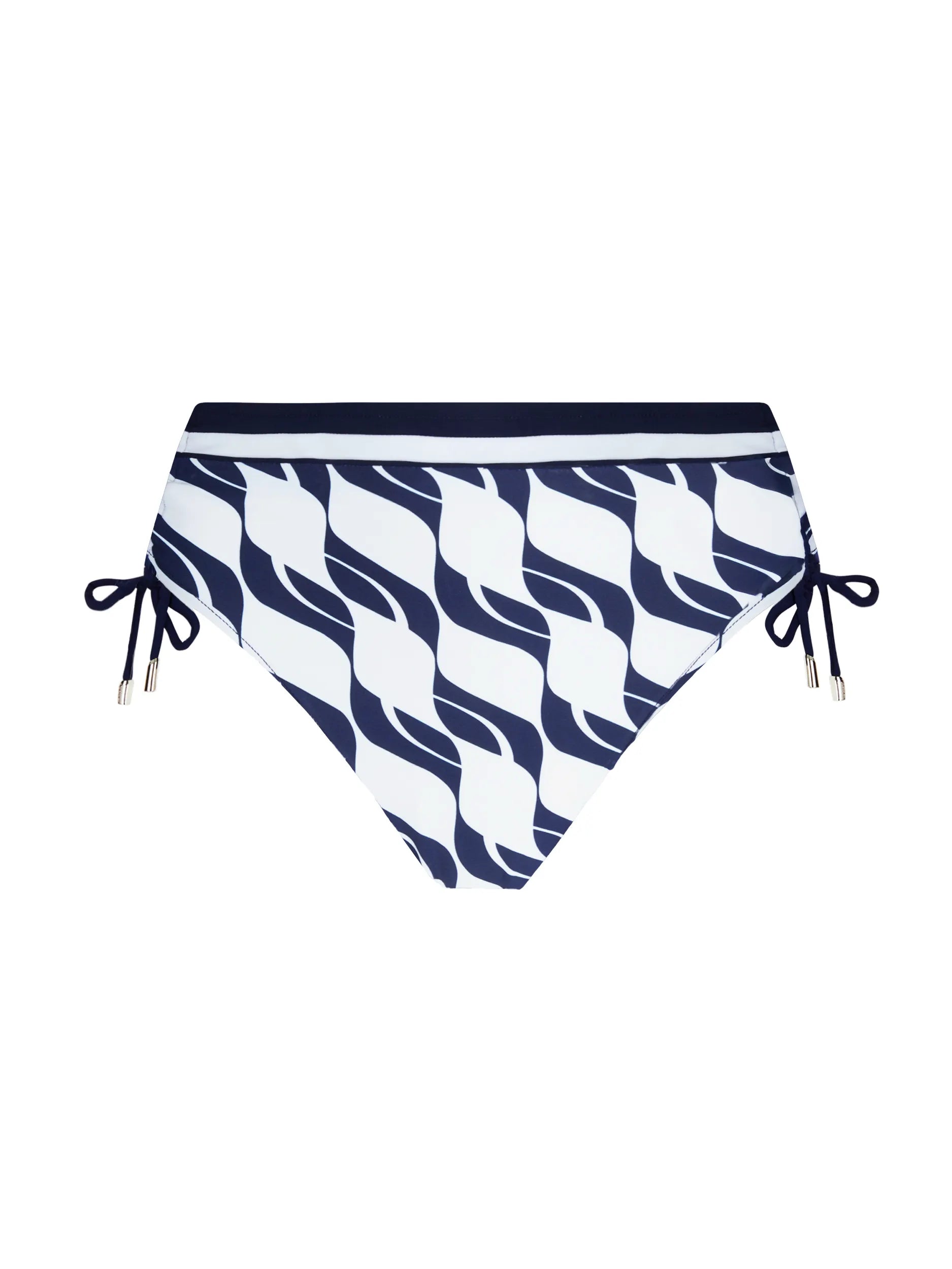 High waist bikini bottom with tie sides in navy and white print