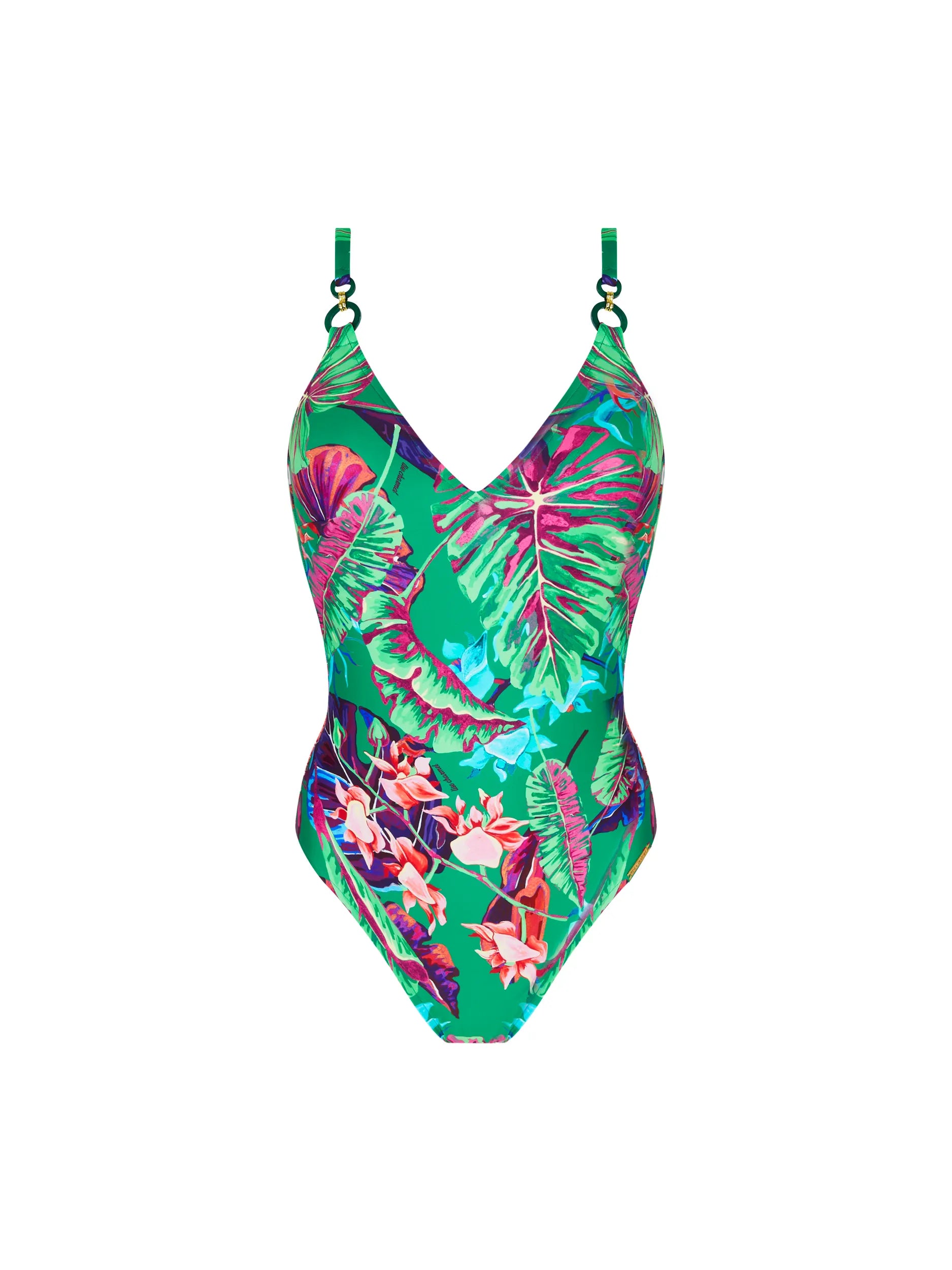 V-neck one piece with ring details in a colorful tropical print