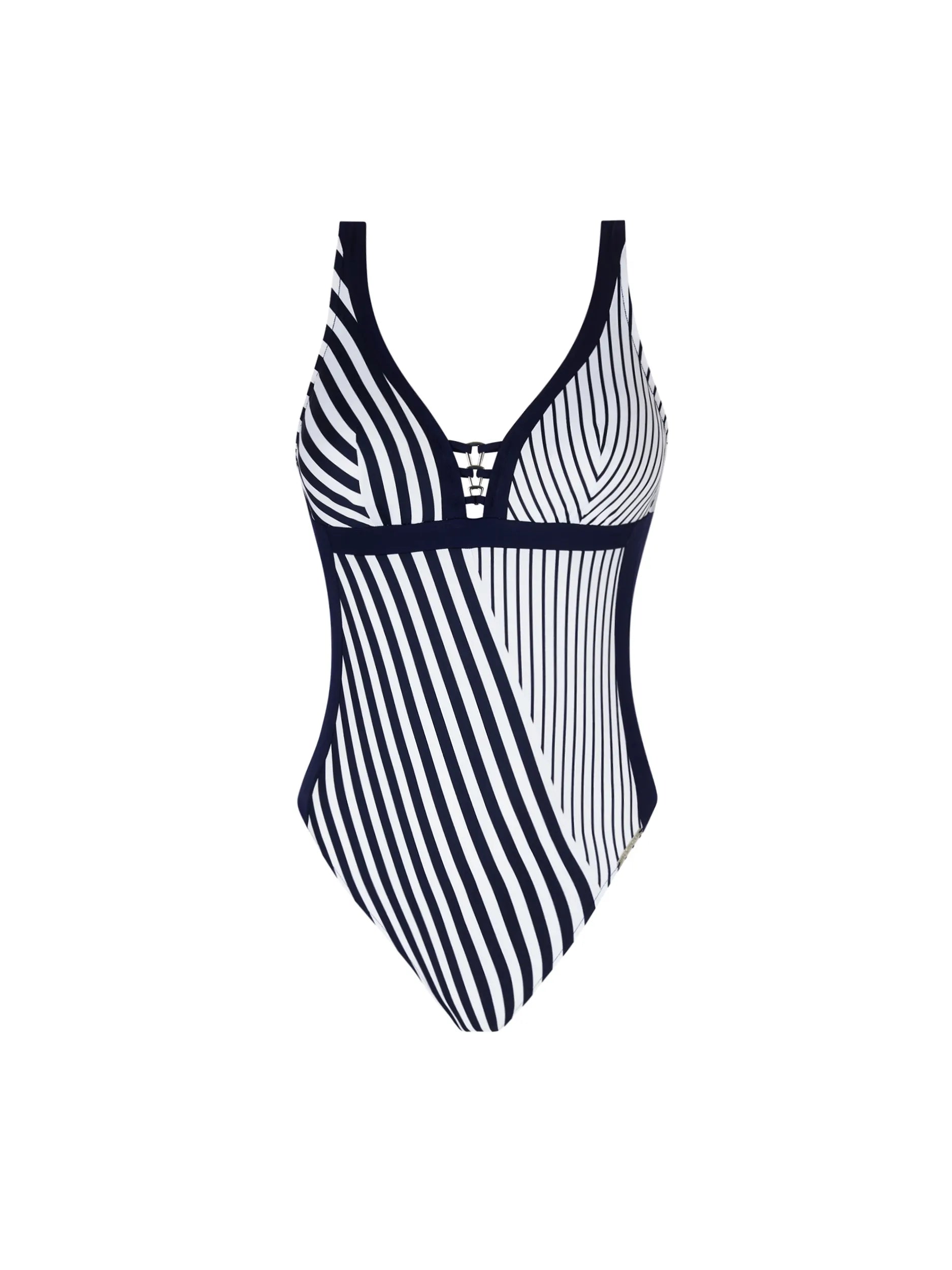 Plunging striped one piece with gold hardware in navy and white