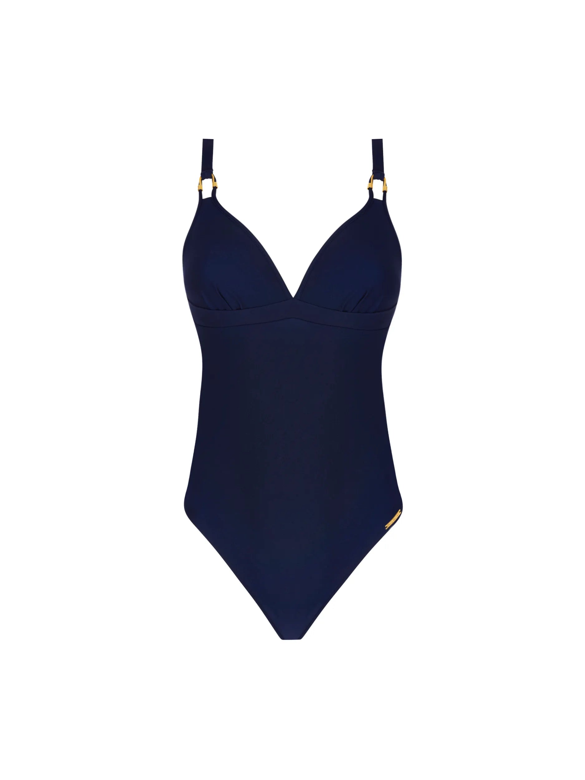 Plunging one piece with padding and gold u shaped hardware in navy