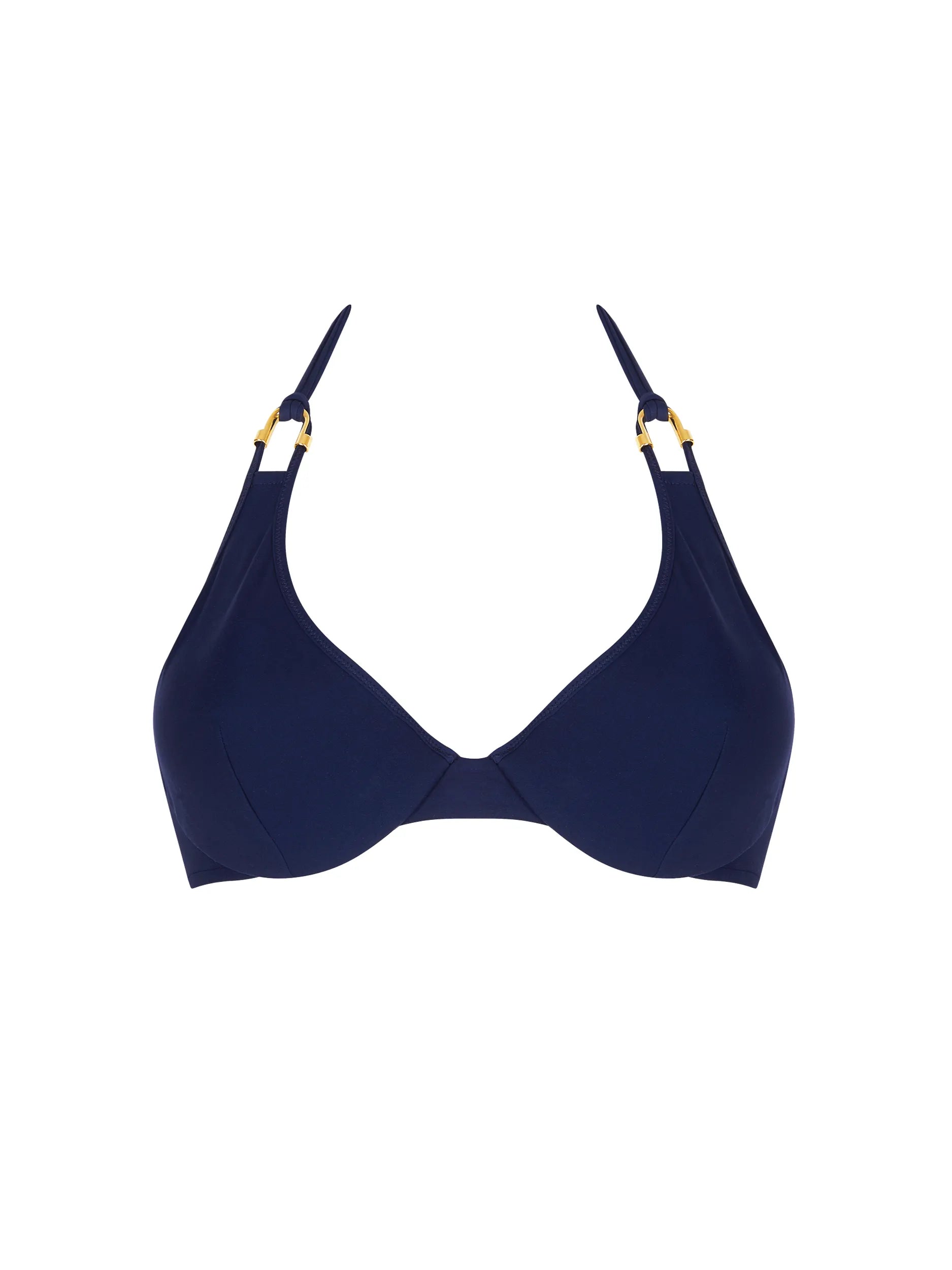 Padded underwire top with gold u shape hardware in dark blue