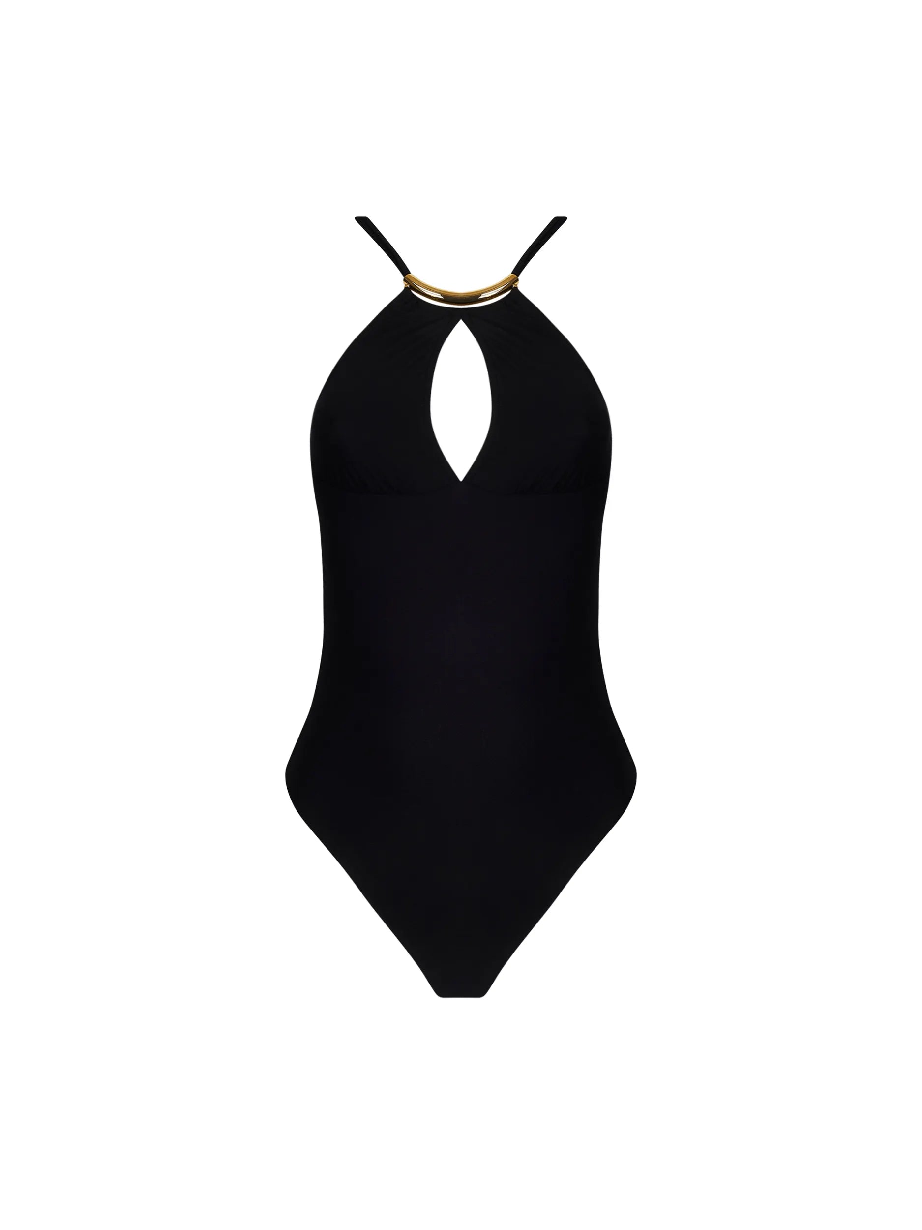 Black one piece with a front keyhole cutout and gold hardware