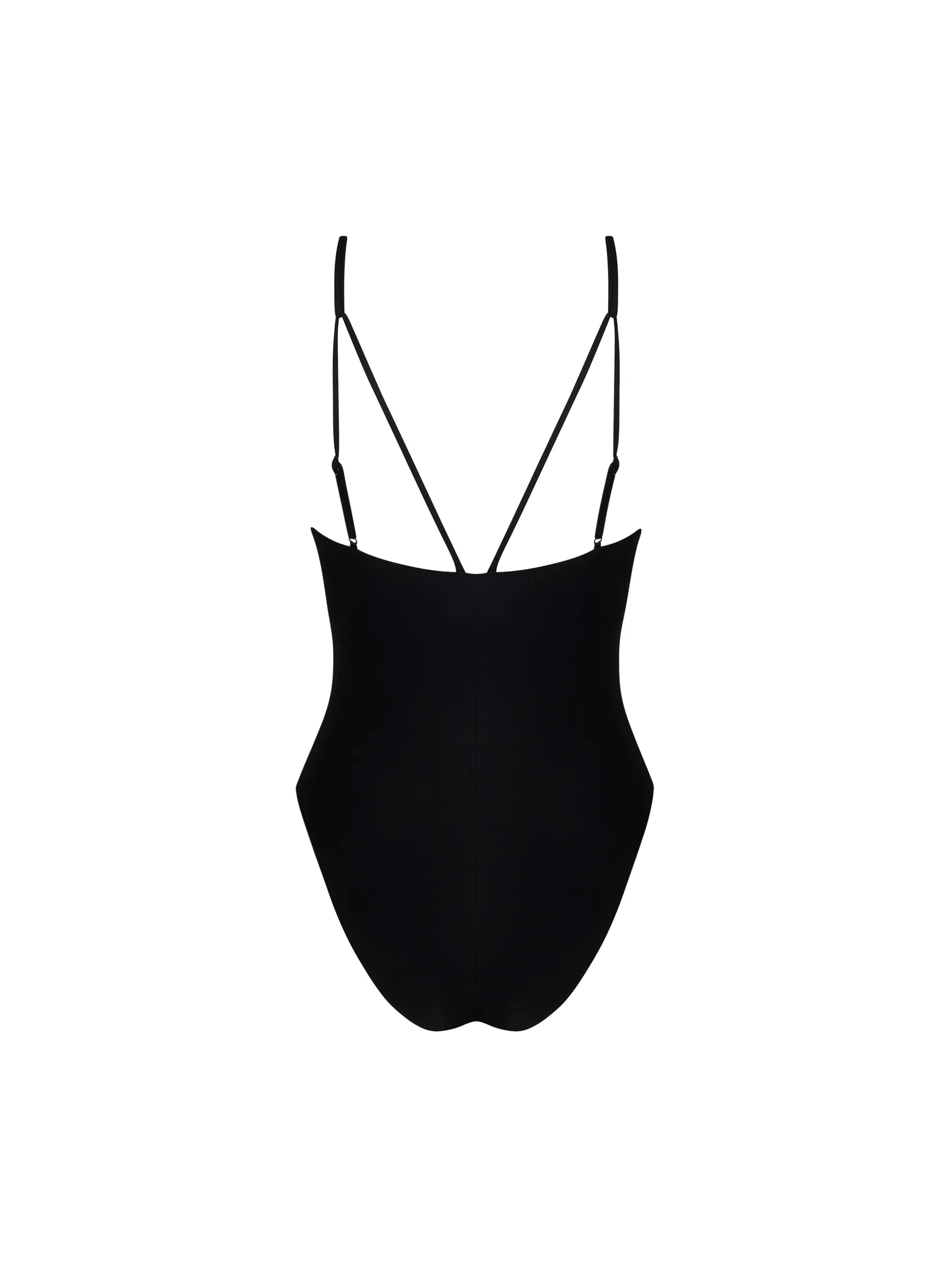 Black one piece with a front keyhole cutout and gold hardware