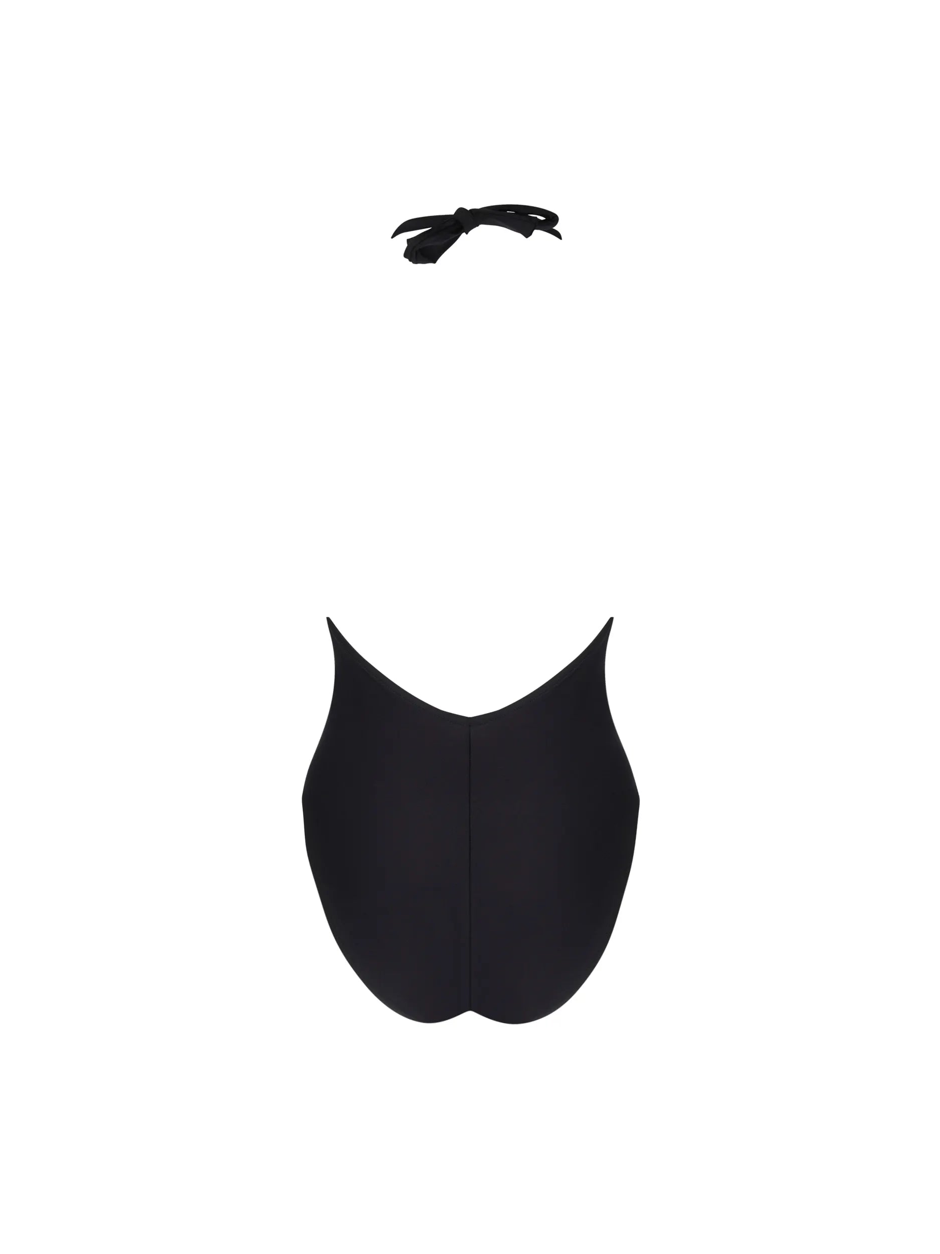 Plunging black one piece with halter ties and a low back