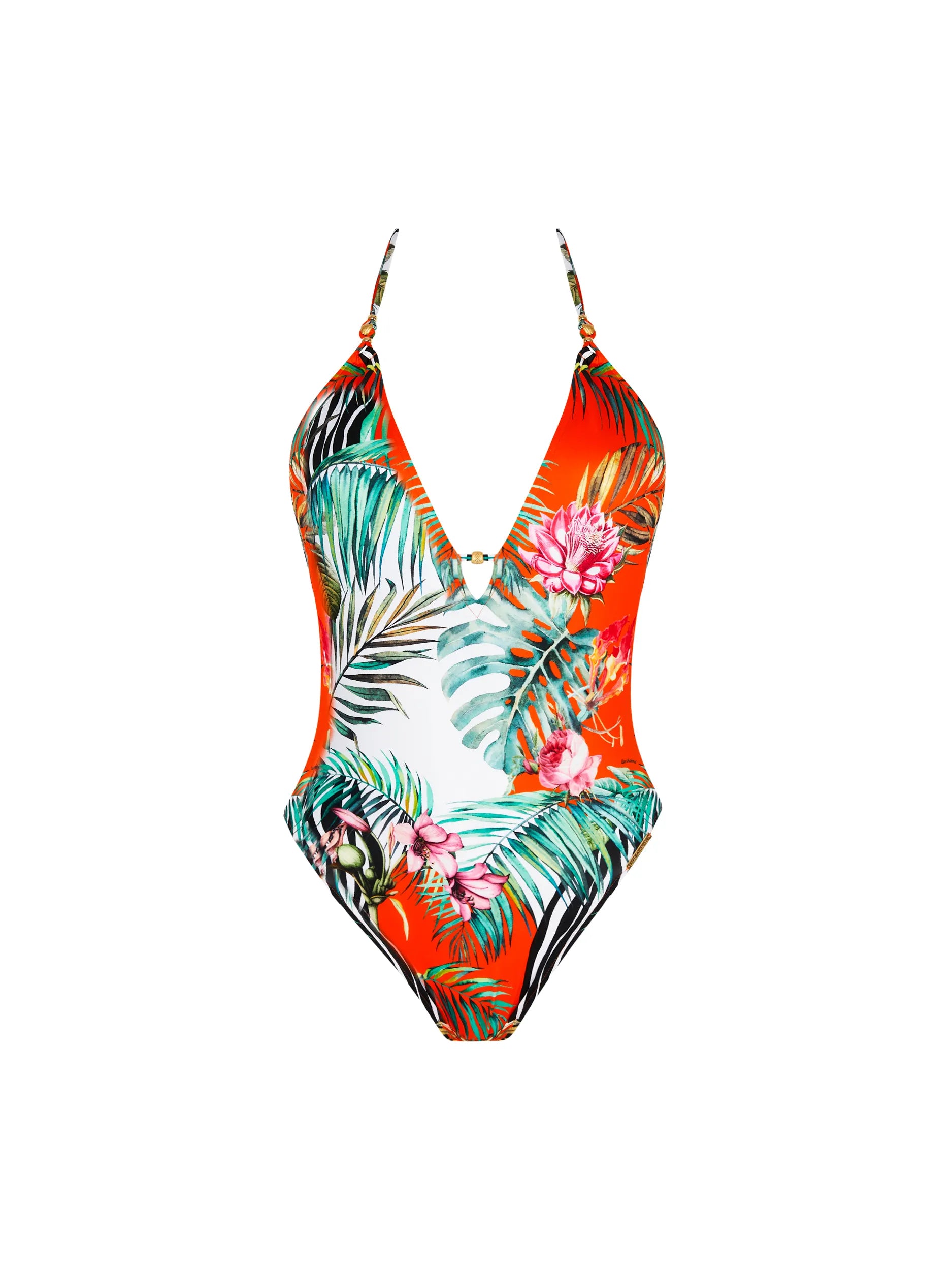 Colorful halter one piece with gold hardware in tropical print