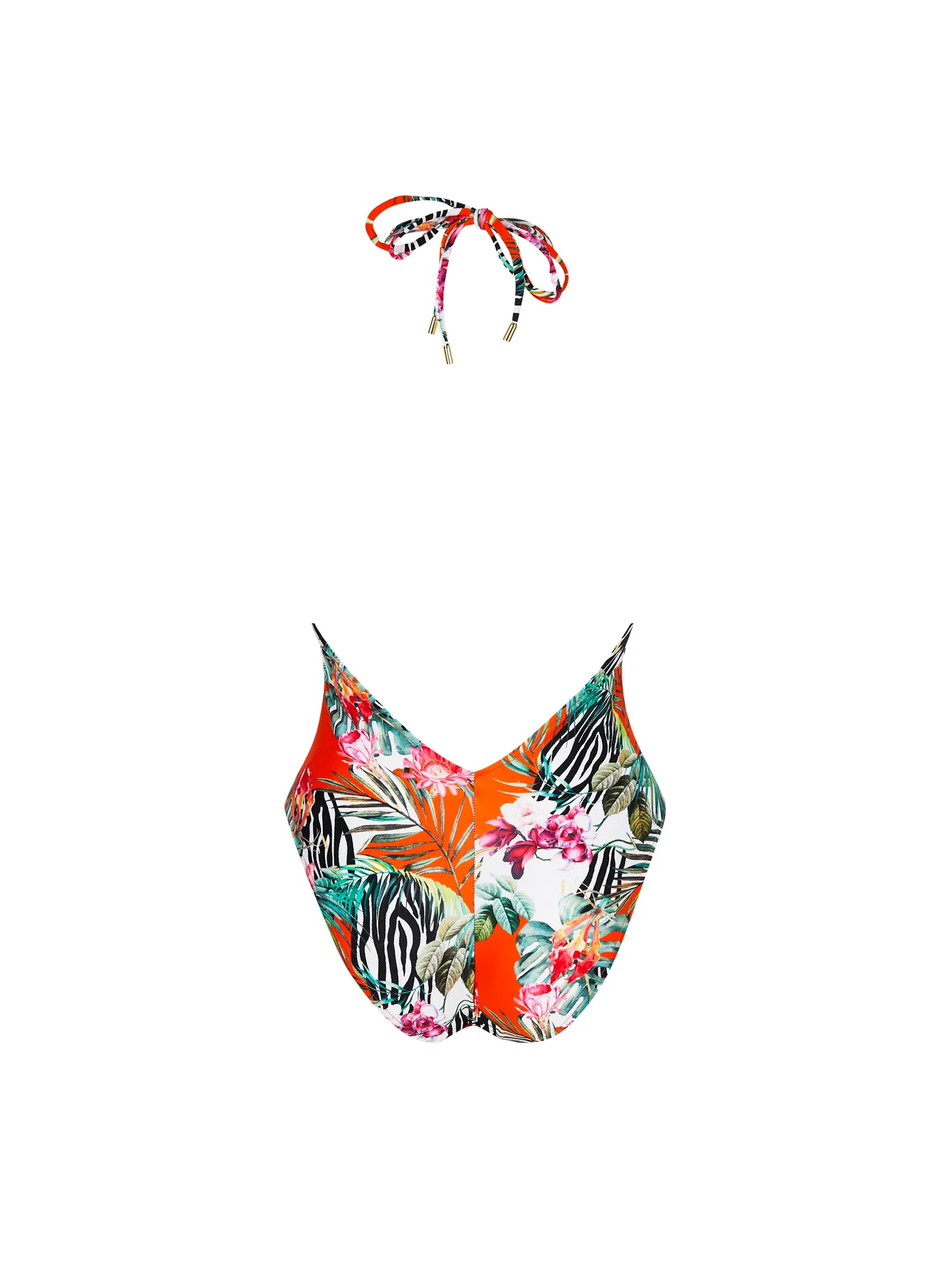 Colorful halter one piece with gold hardware in tropical print