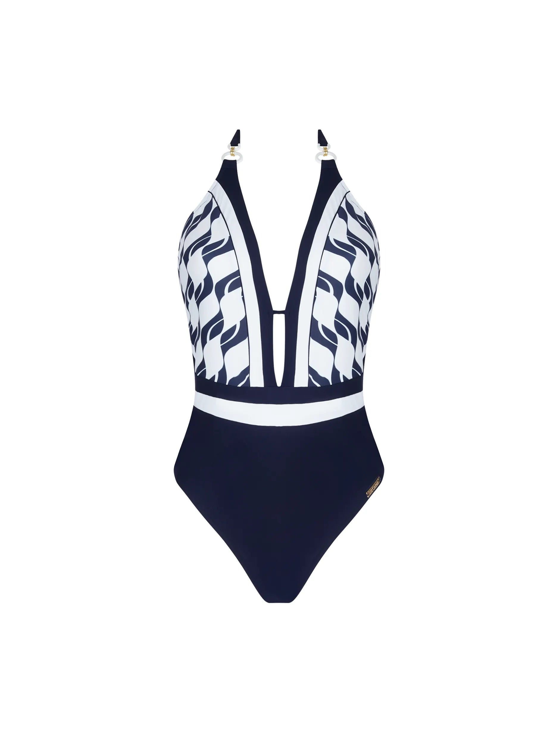 Halter one piece with plunging neckline and a low back in dark blue and white print