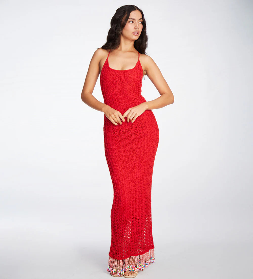 Knitted red maxi dress with multicolor beads on the bottom