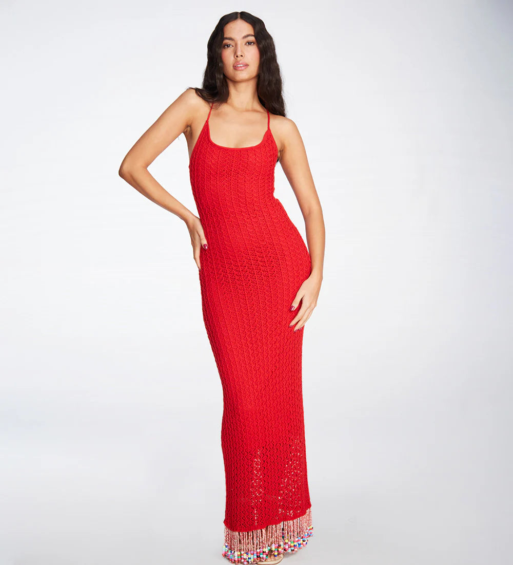 Knitted red maxi dress with multicolor beads on the bottom