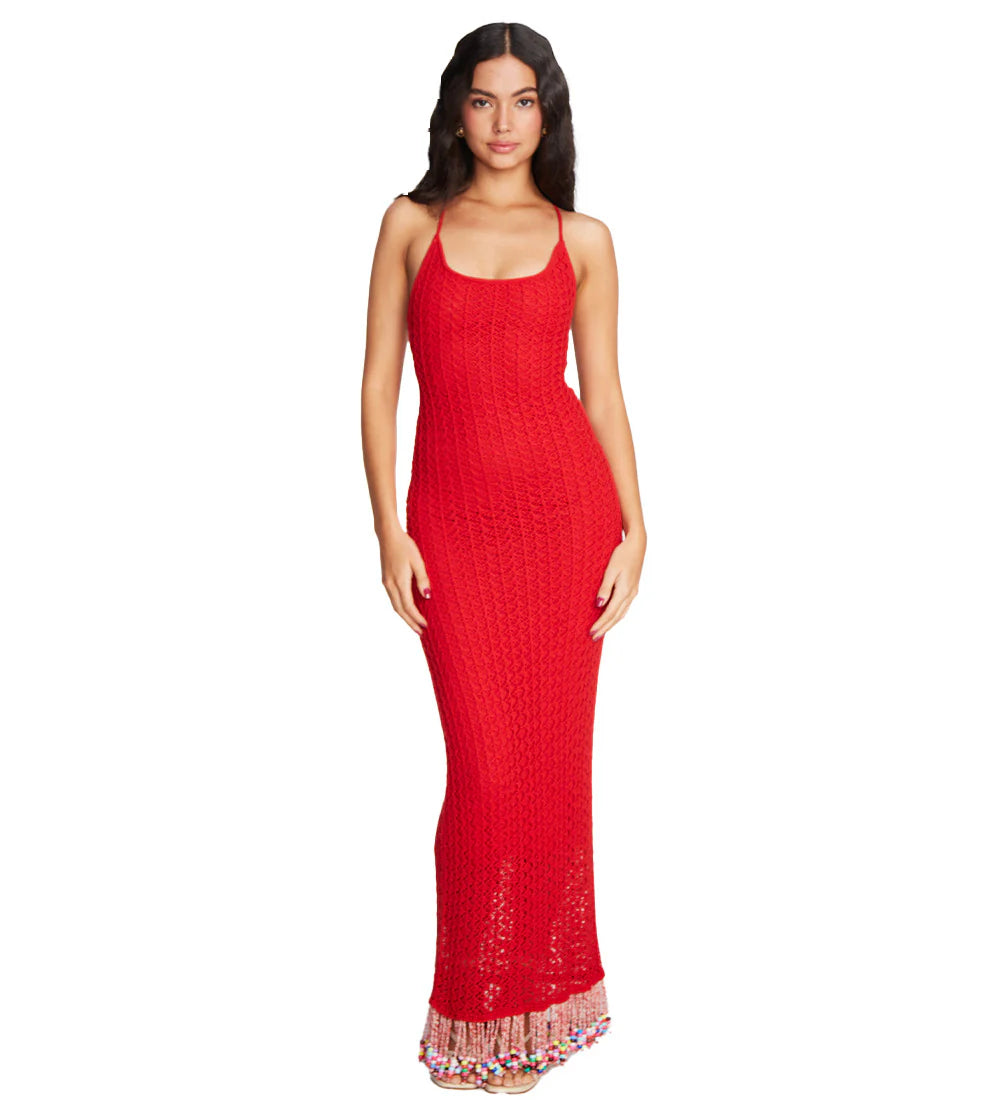Knitted red maxi dress with multicolor beads on the bottom
