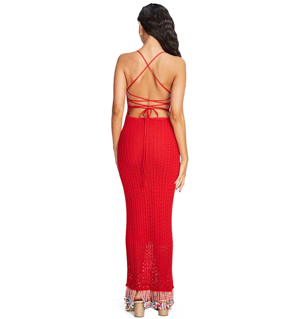 Knitted red maxi dress with multicolor beads on the bottom