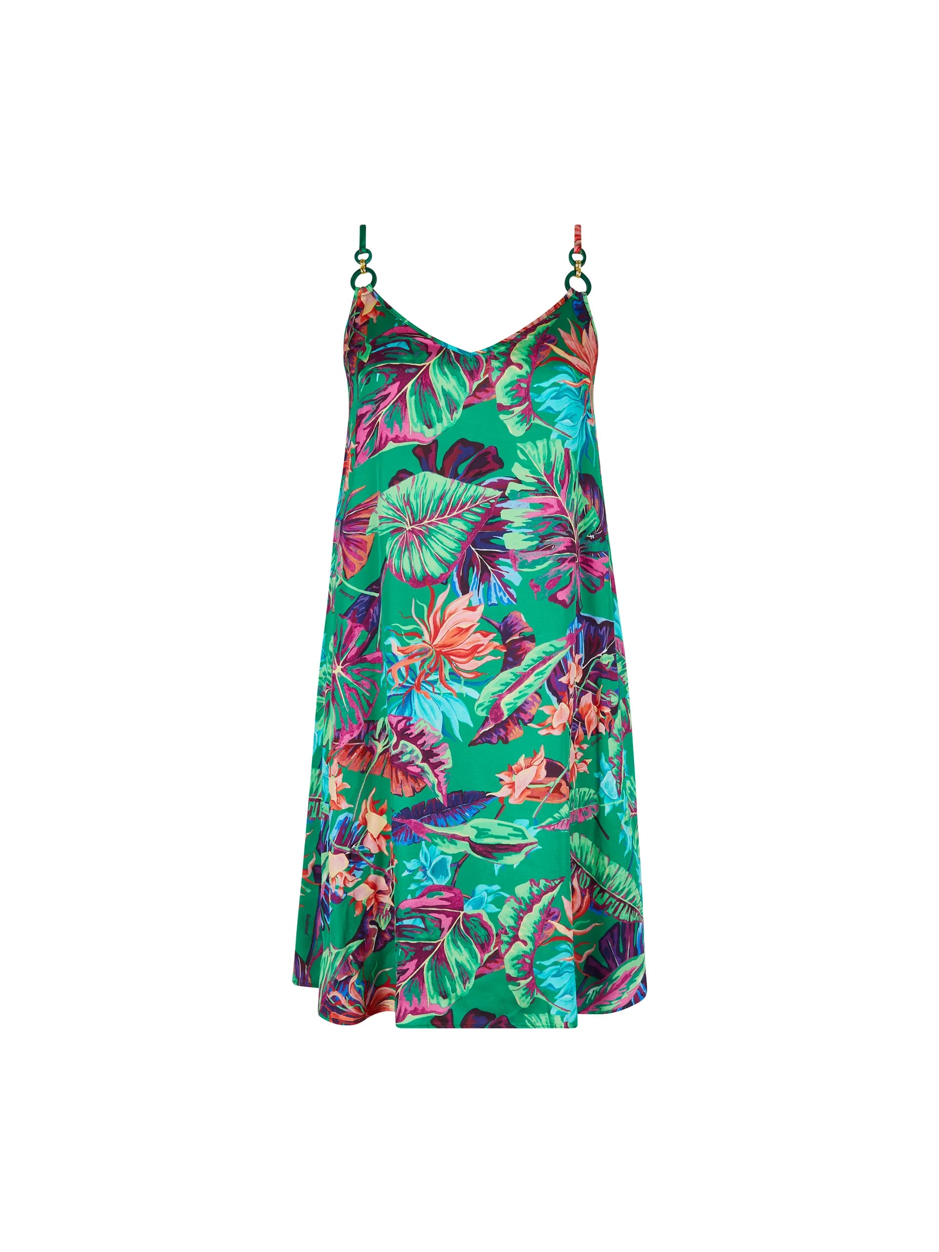 Short tropic print dress with ring details on adjustable shoulder straps