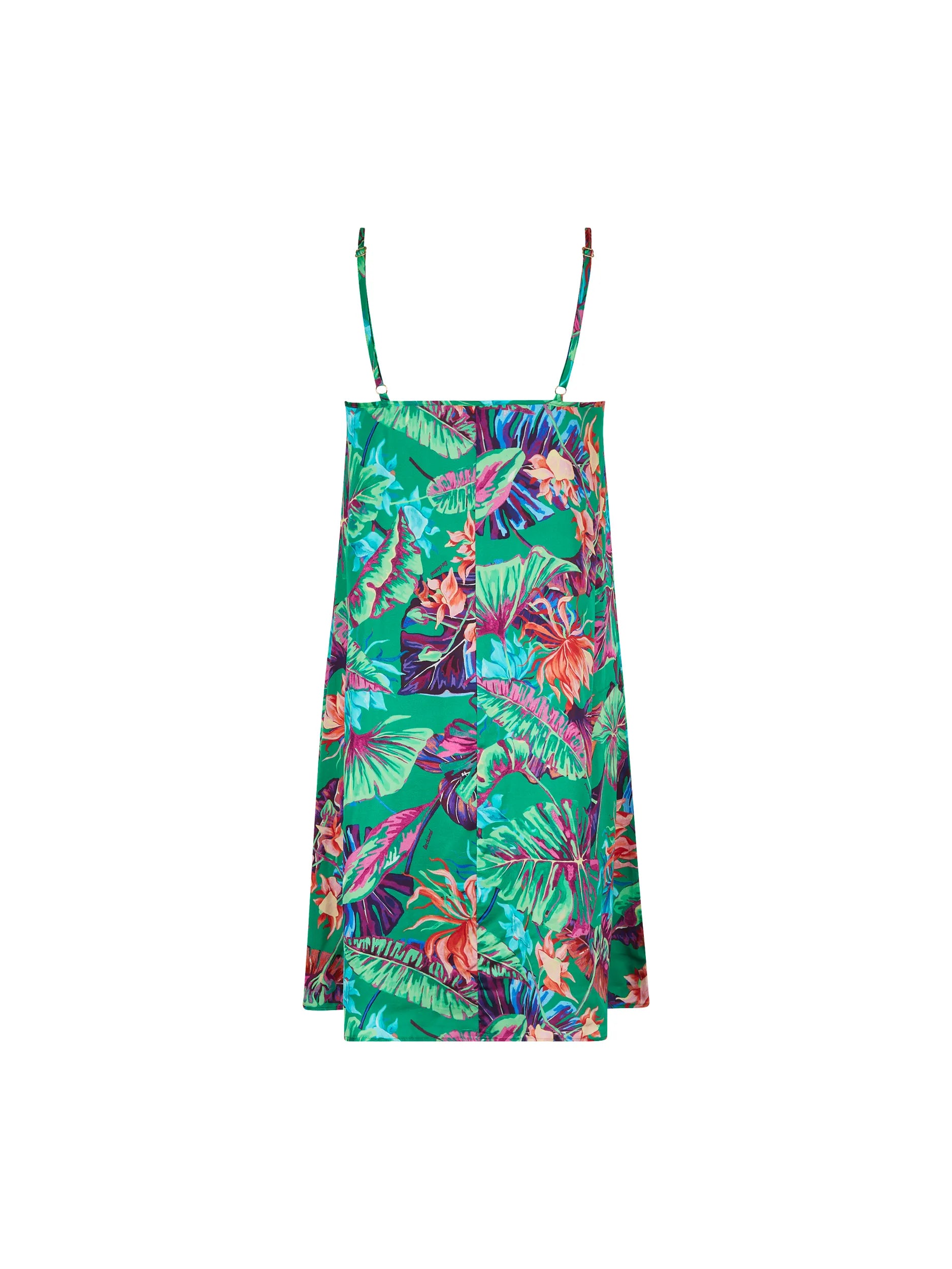 Short tropic print dress with ring details on adjustable shoulder straps