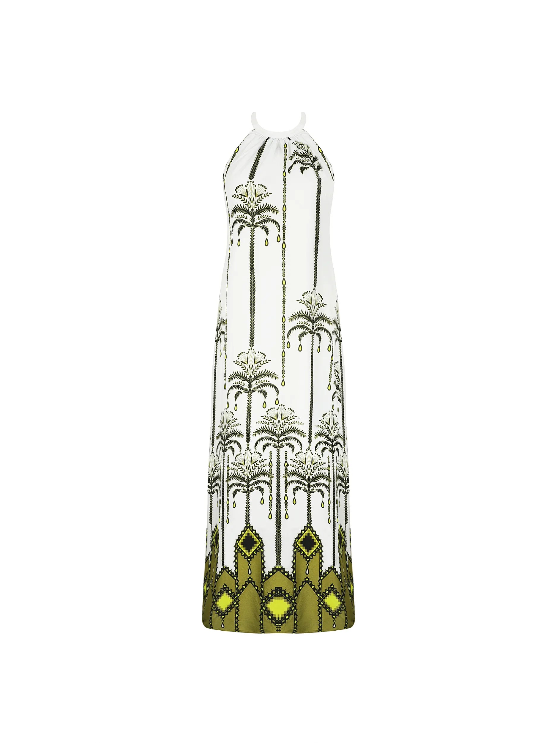 Palm print high neckline dress