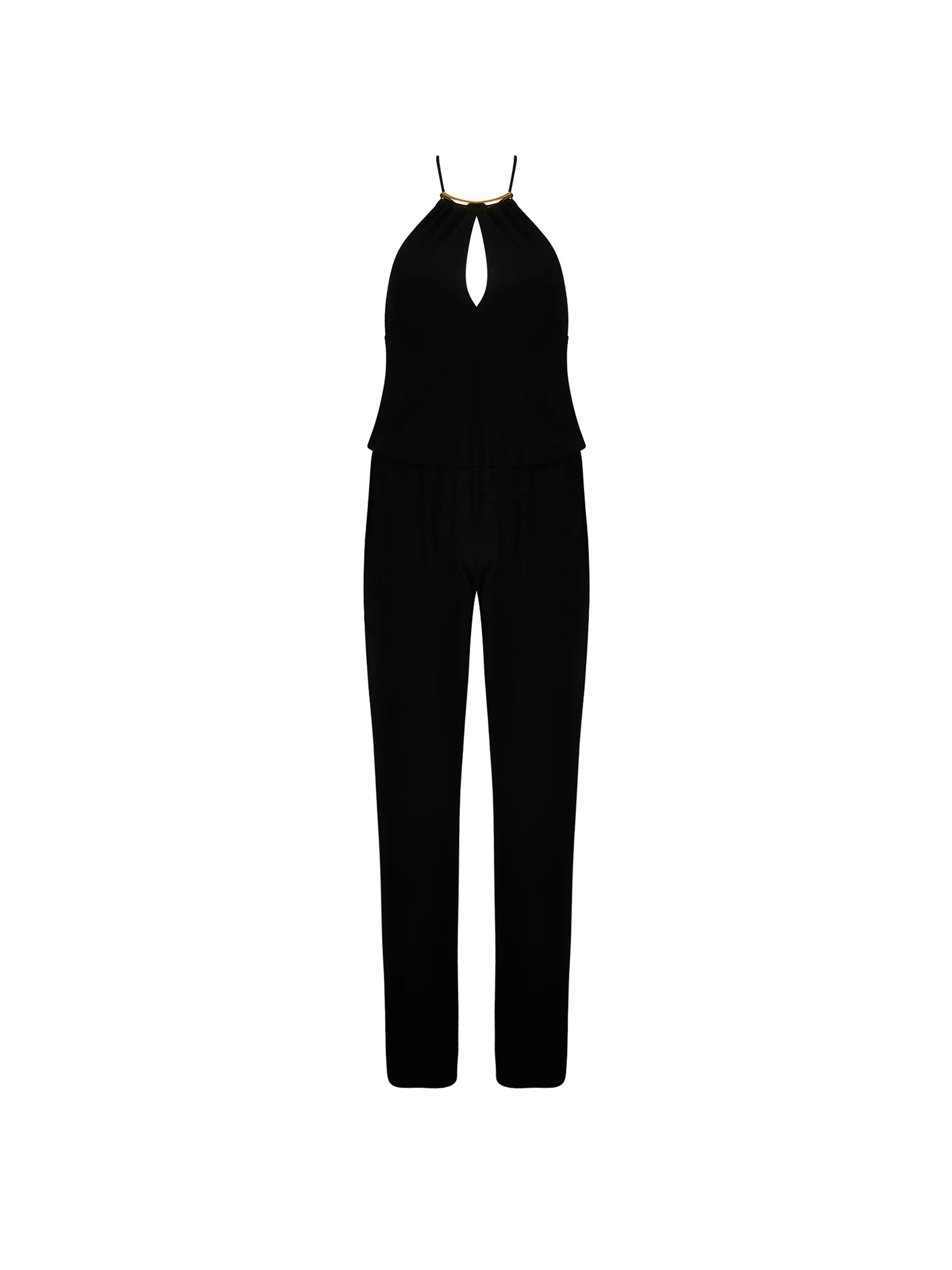 Sleeveless jumpsuit with a high neckline and keyhole cutout featuring gold hardware and a halter tie. Available in Black