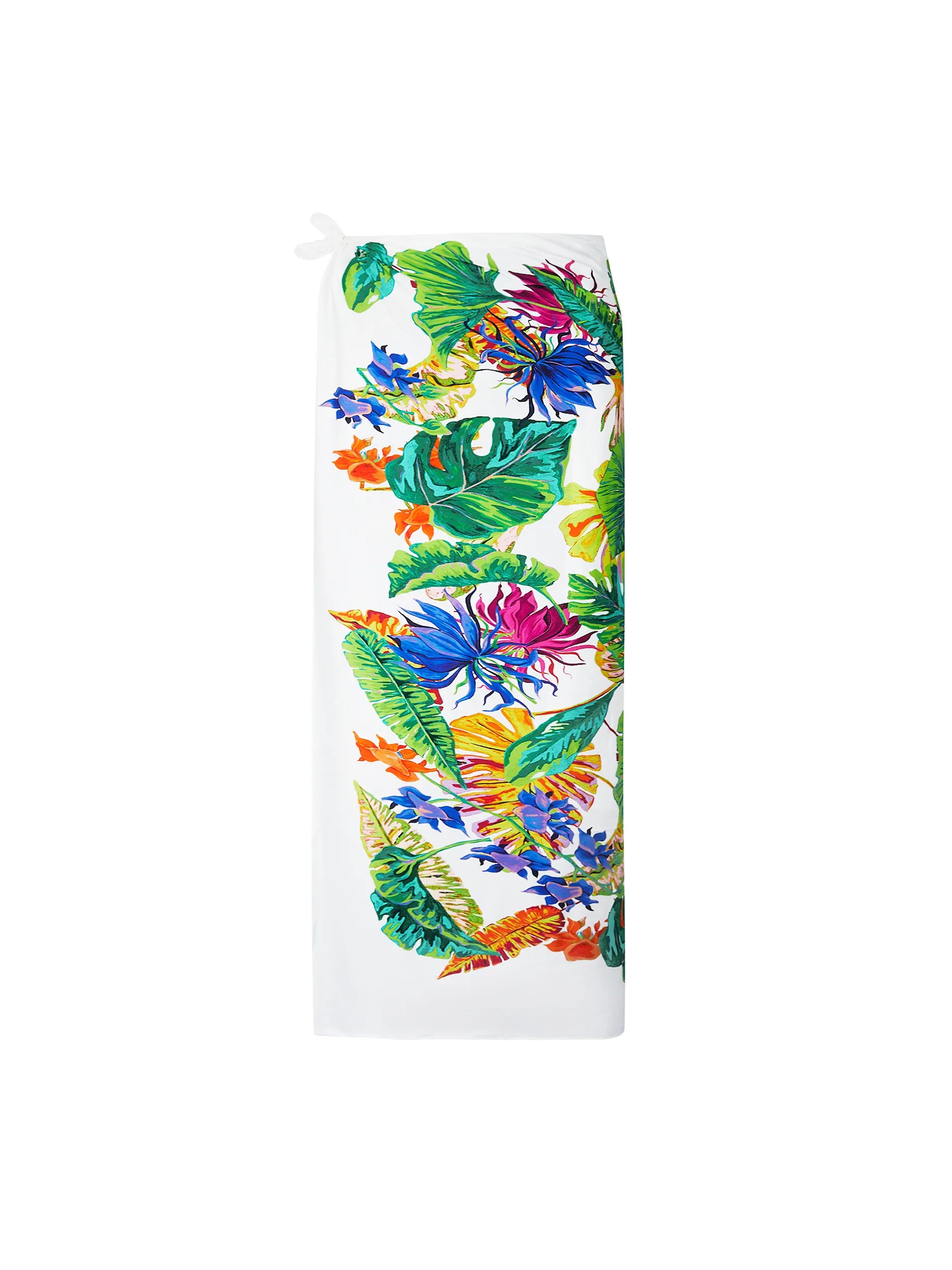 Long white sarong with multicolor tropical print
