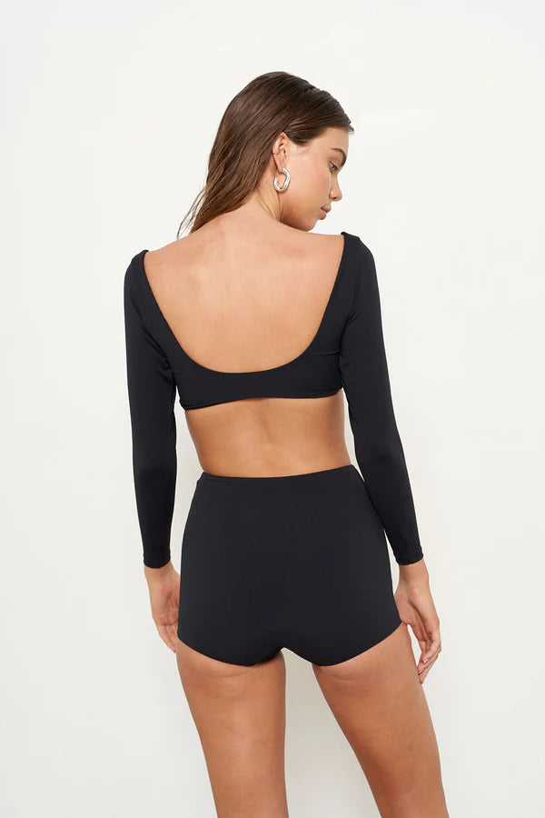 Boy short style bikini bottom with ribbed fabric in Black