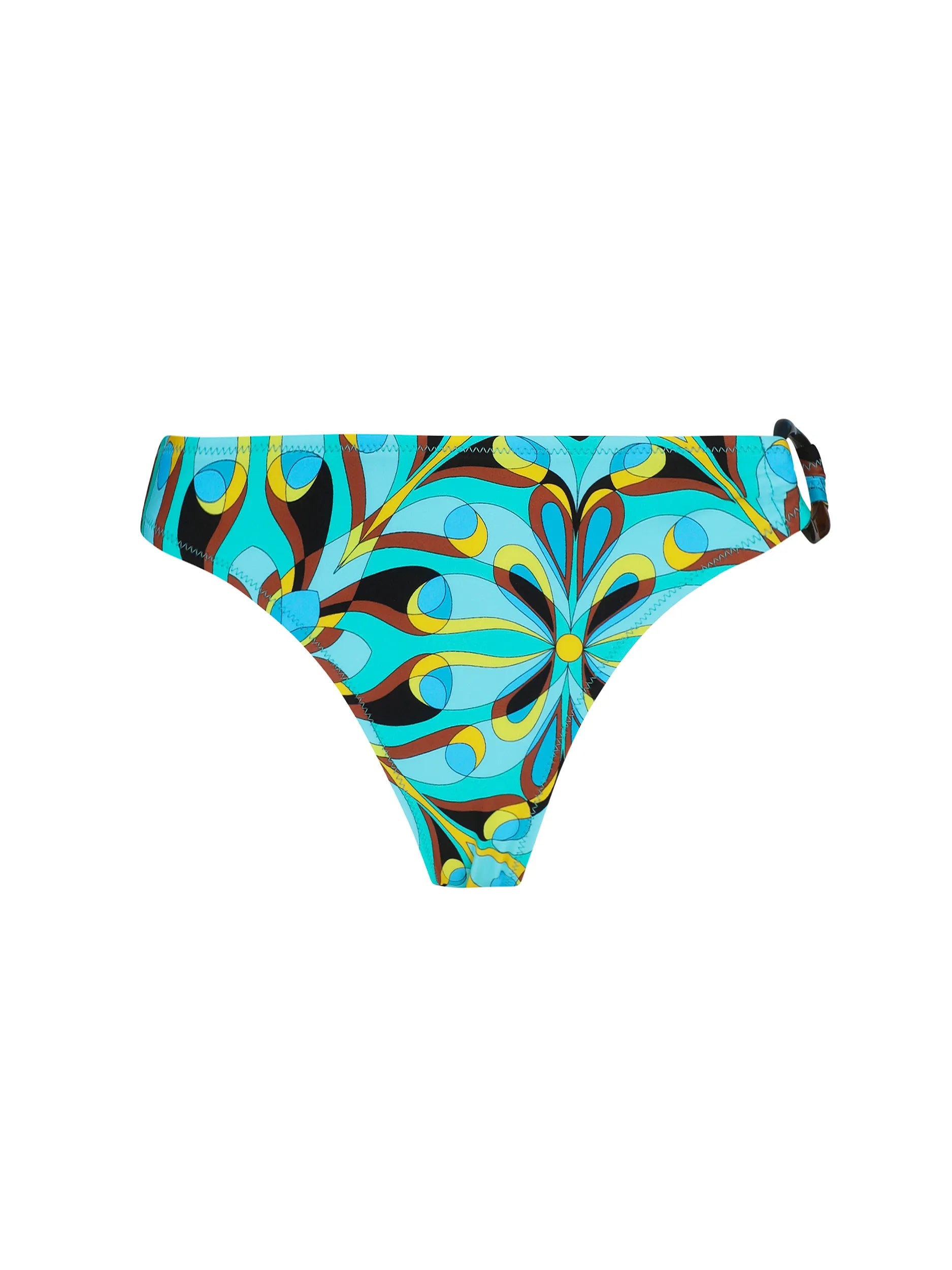 Colorful print modest coverage bikini bottom with decorative ring