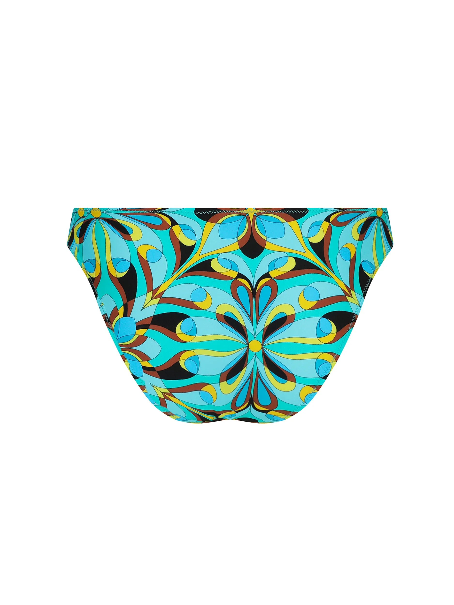 Colorful print modest coverage bikini bottom with decorative ring
