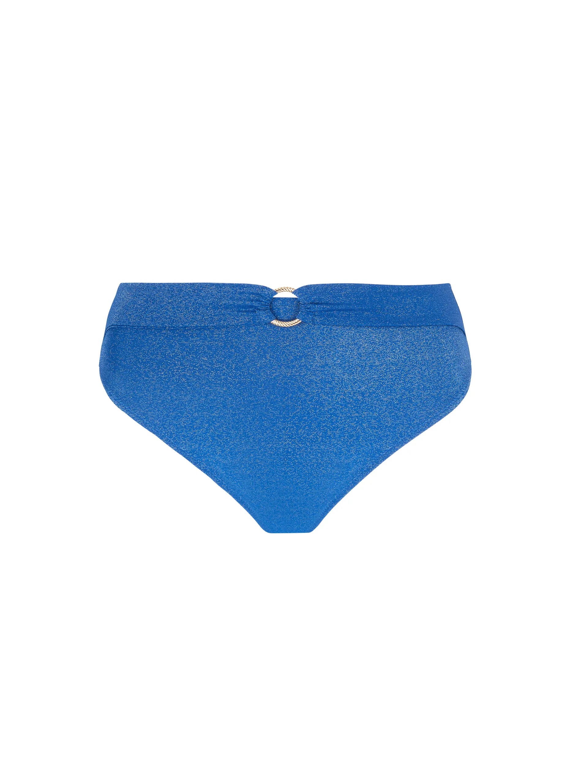 Shimmery high waist bottom with front ring detail in blue