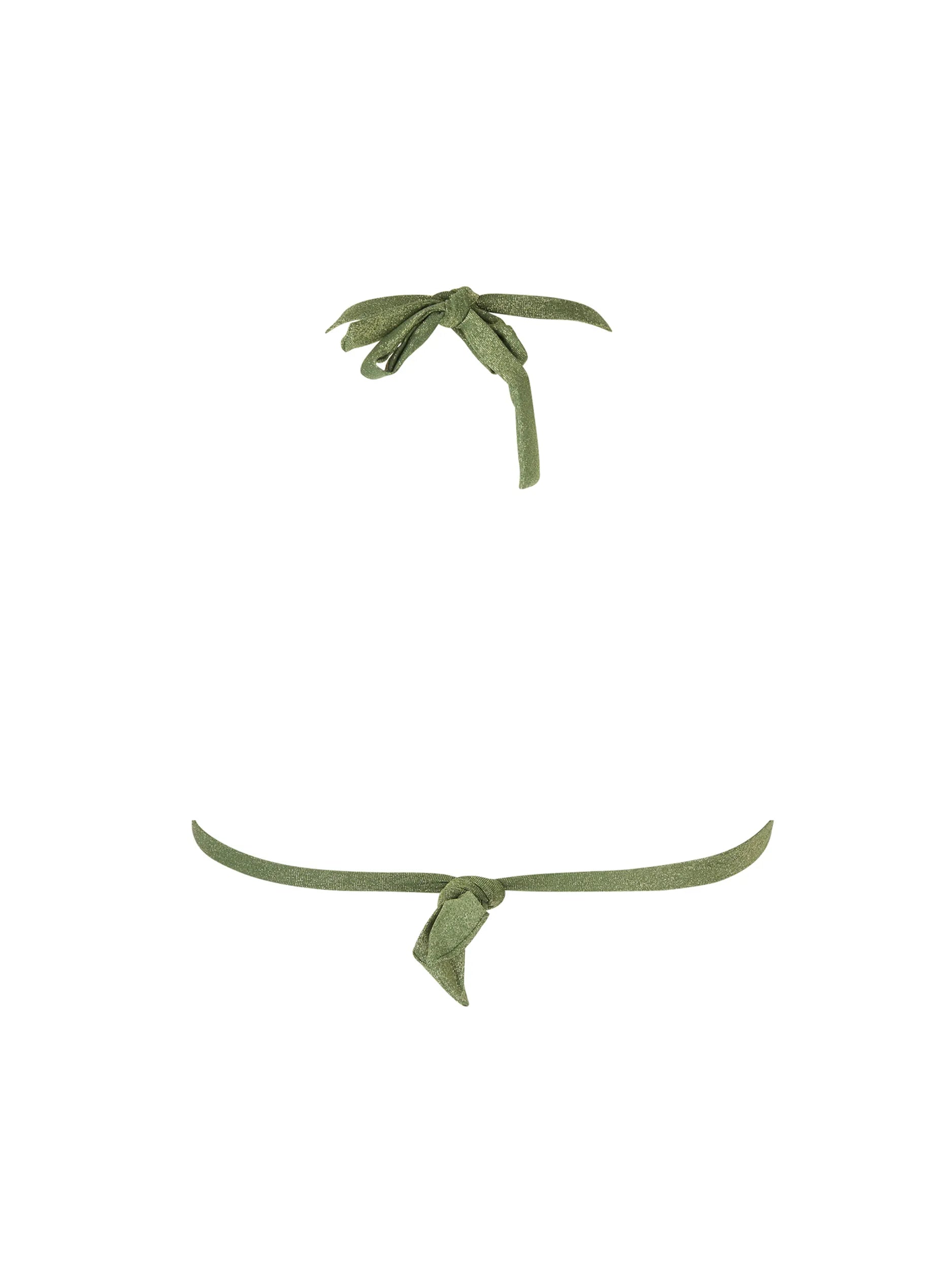 Shimmery fixed triangle top with halter ties and a gold ring in front