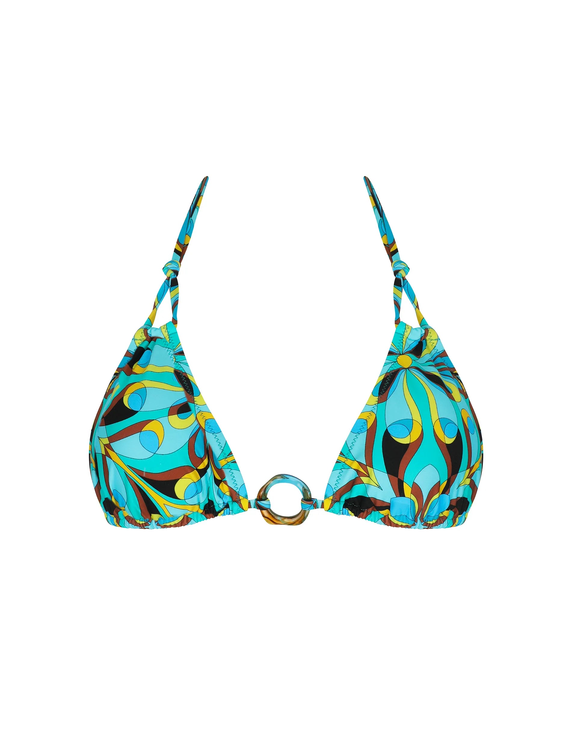 Adjustable triangle top with decorative front ring in multicolor print