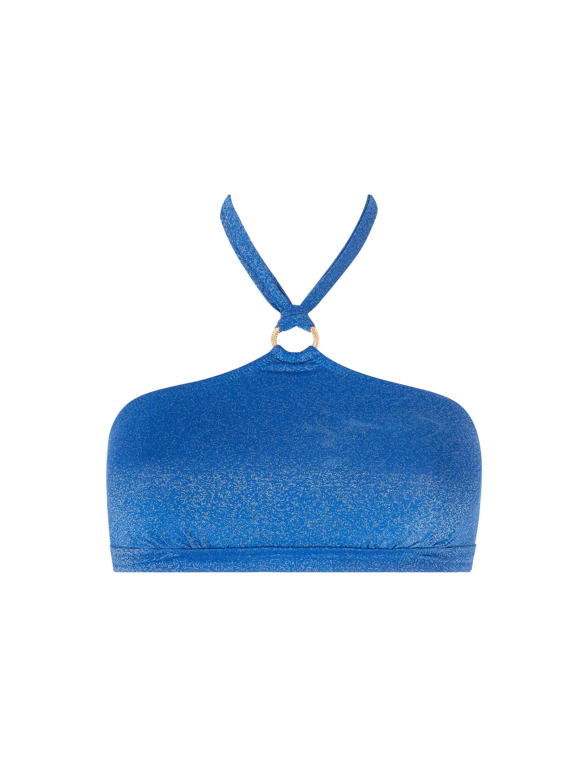 Shimmery high neck top with front ring detail in blue