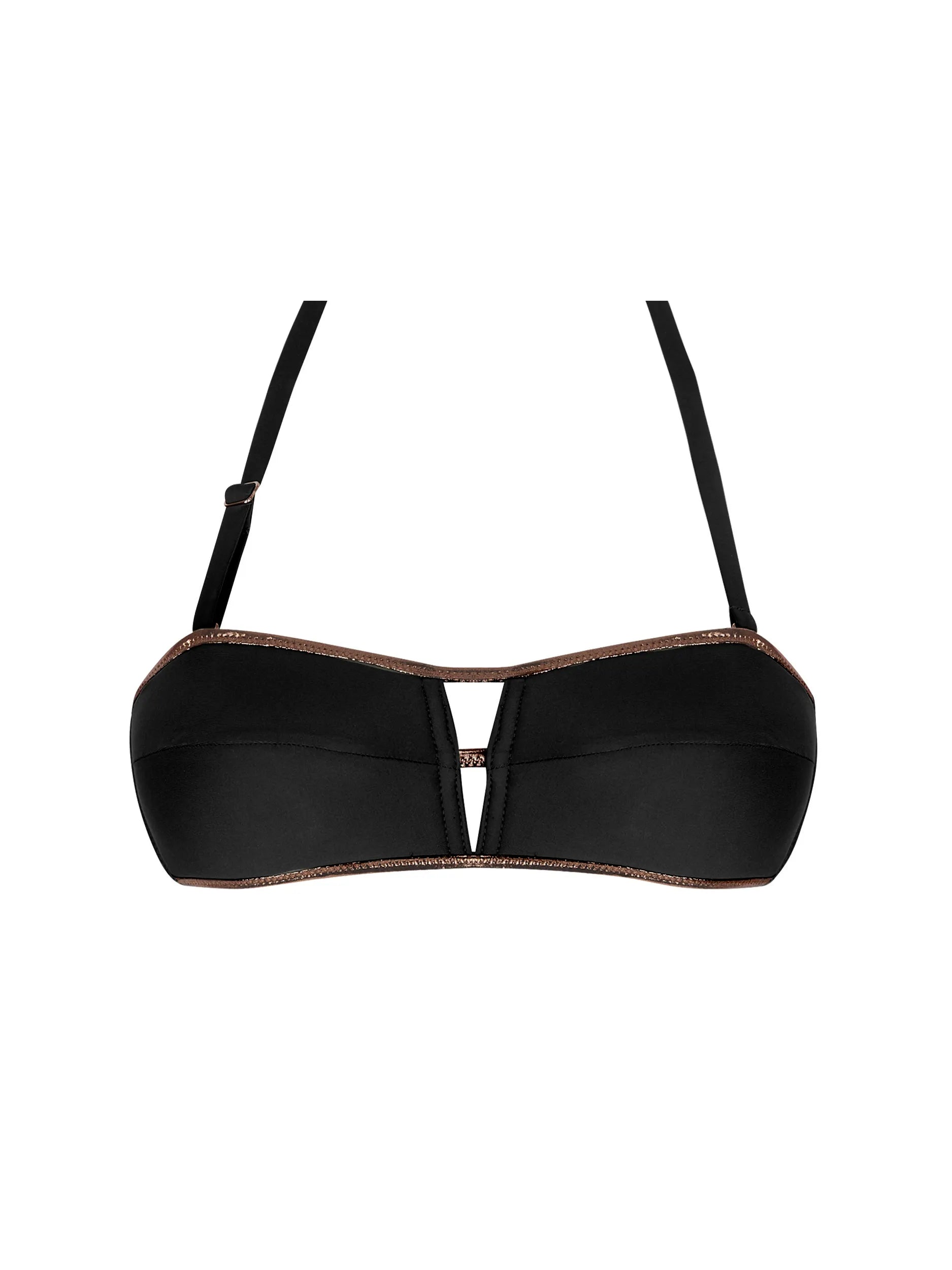 Padded black bandeau bikini top with removable straps