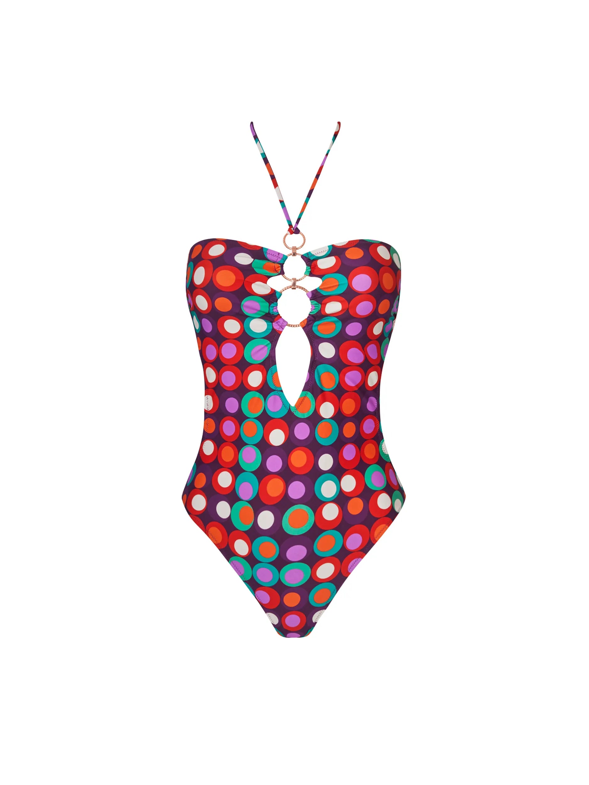 Plunging one piece with ring detail and a low back in colorful print