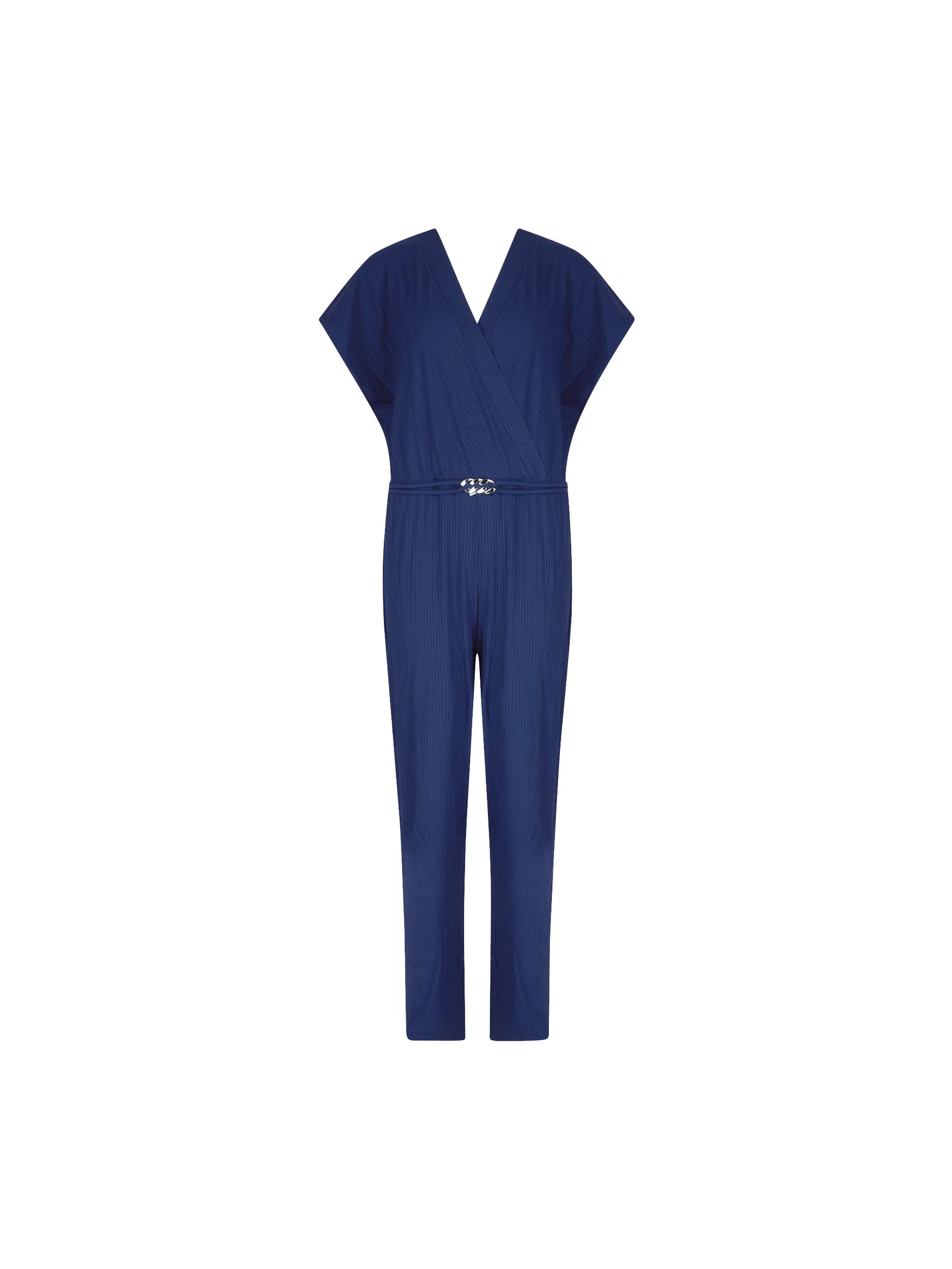 Ribbed jumpsuit with short sleeves and a plunging neckline in dark blue