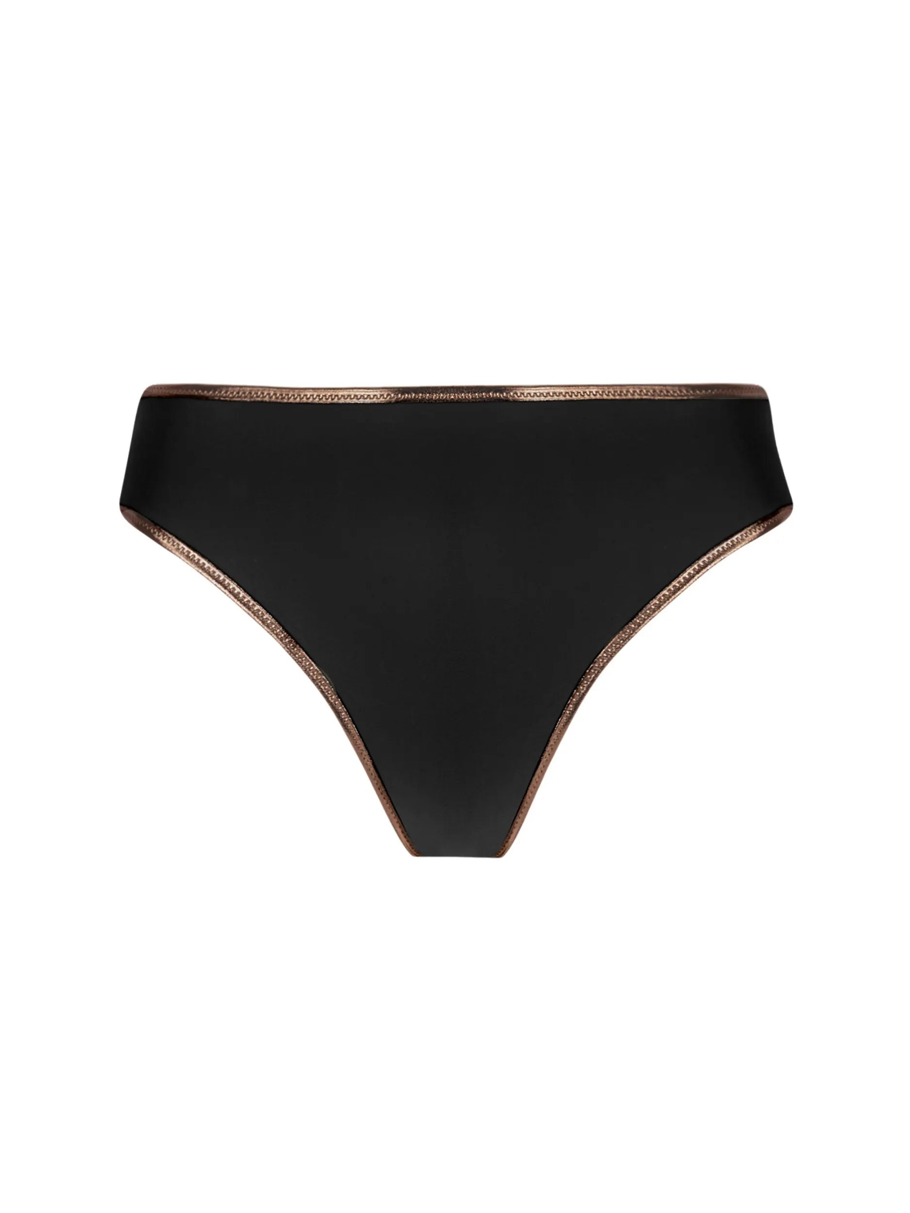 Black high waist bikini bottom with bronze trim