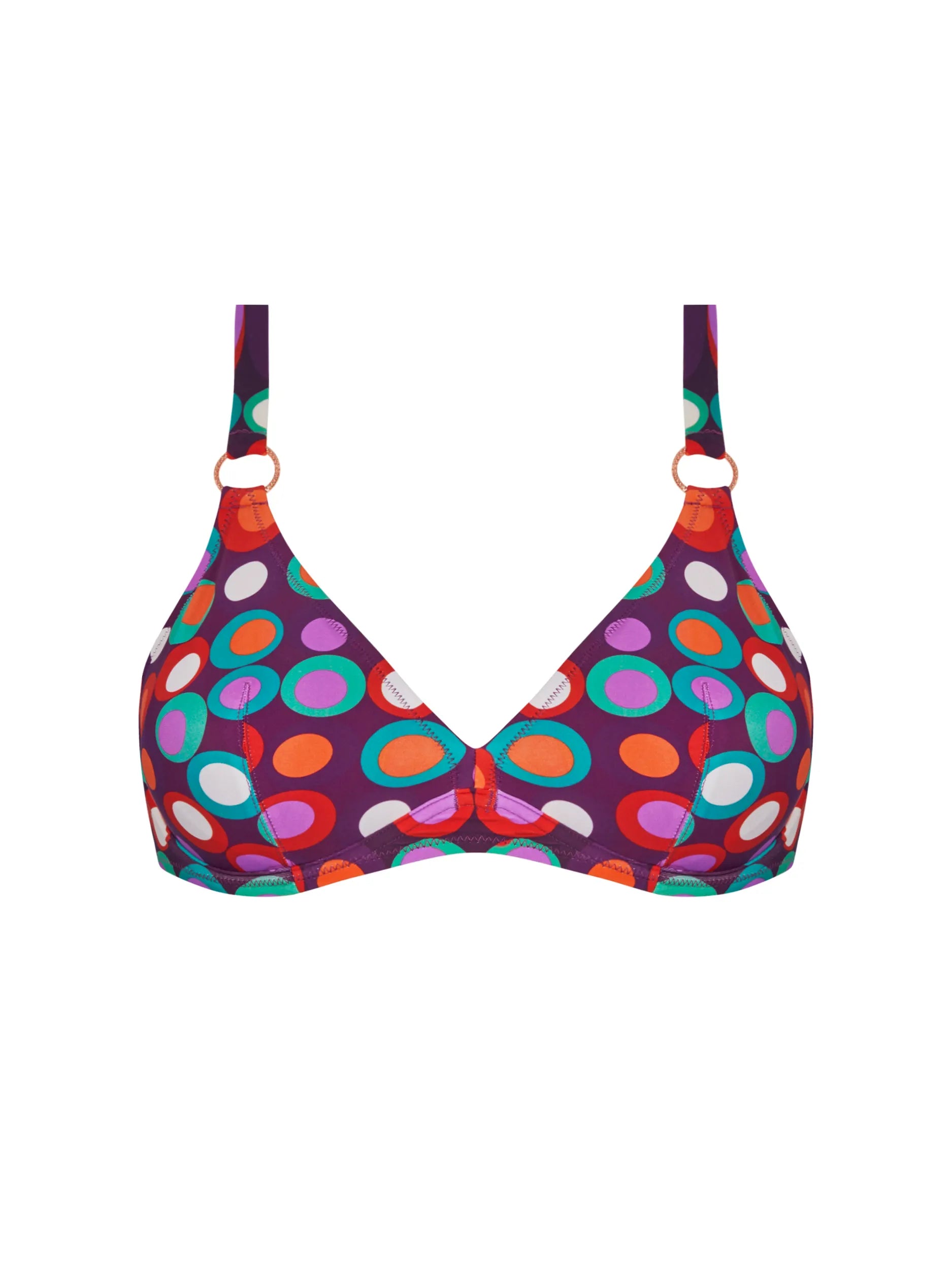 Ring front underwire top in multicolor polka dot print