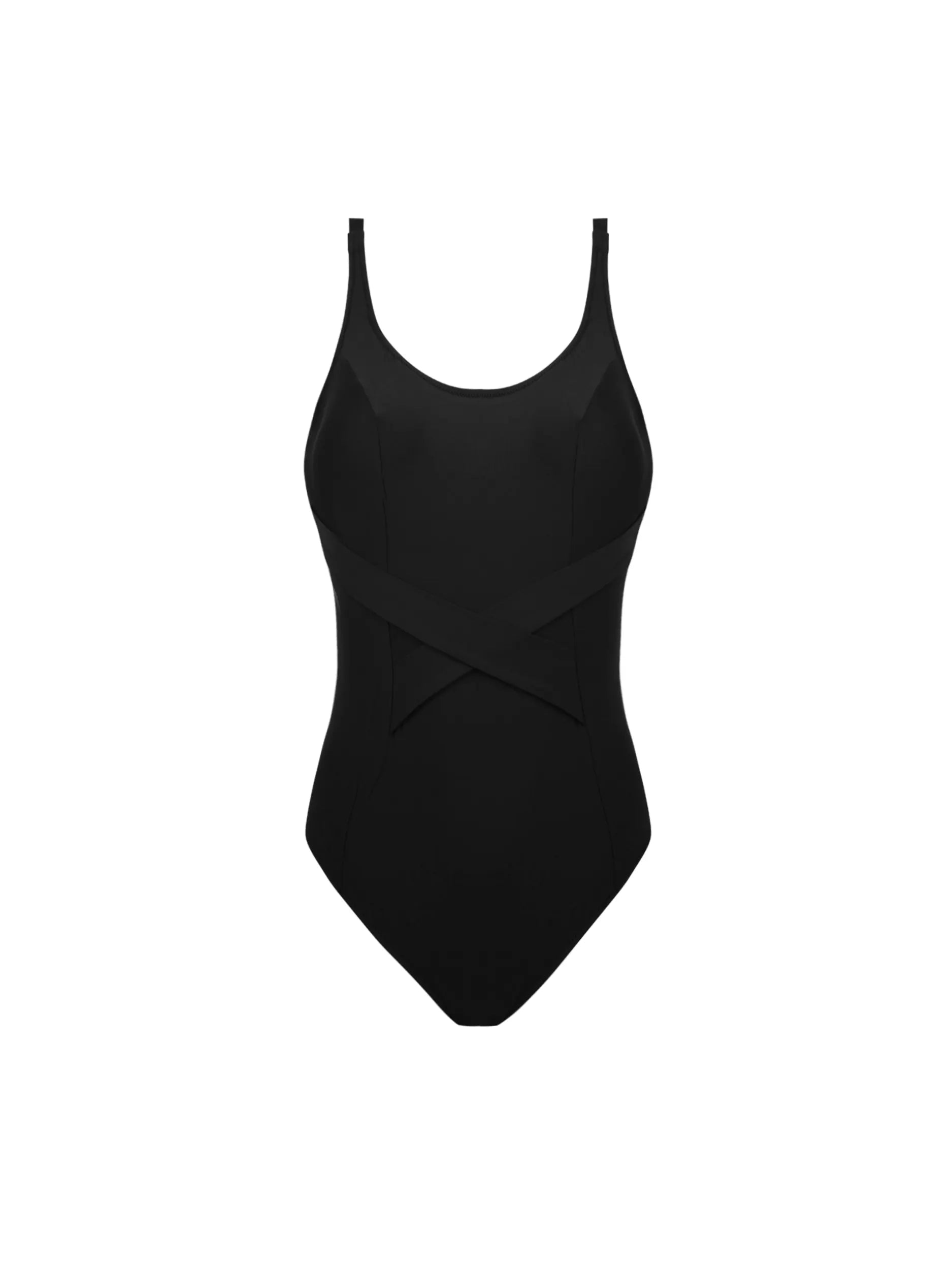 Scoop neck one piece with underwire and criss crossing straps across the front. Available in Black.