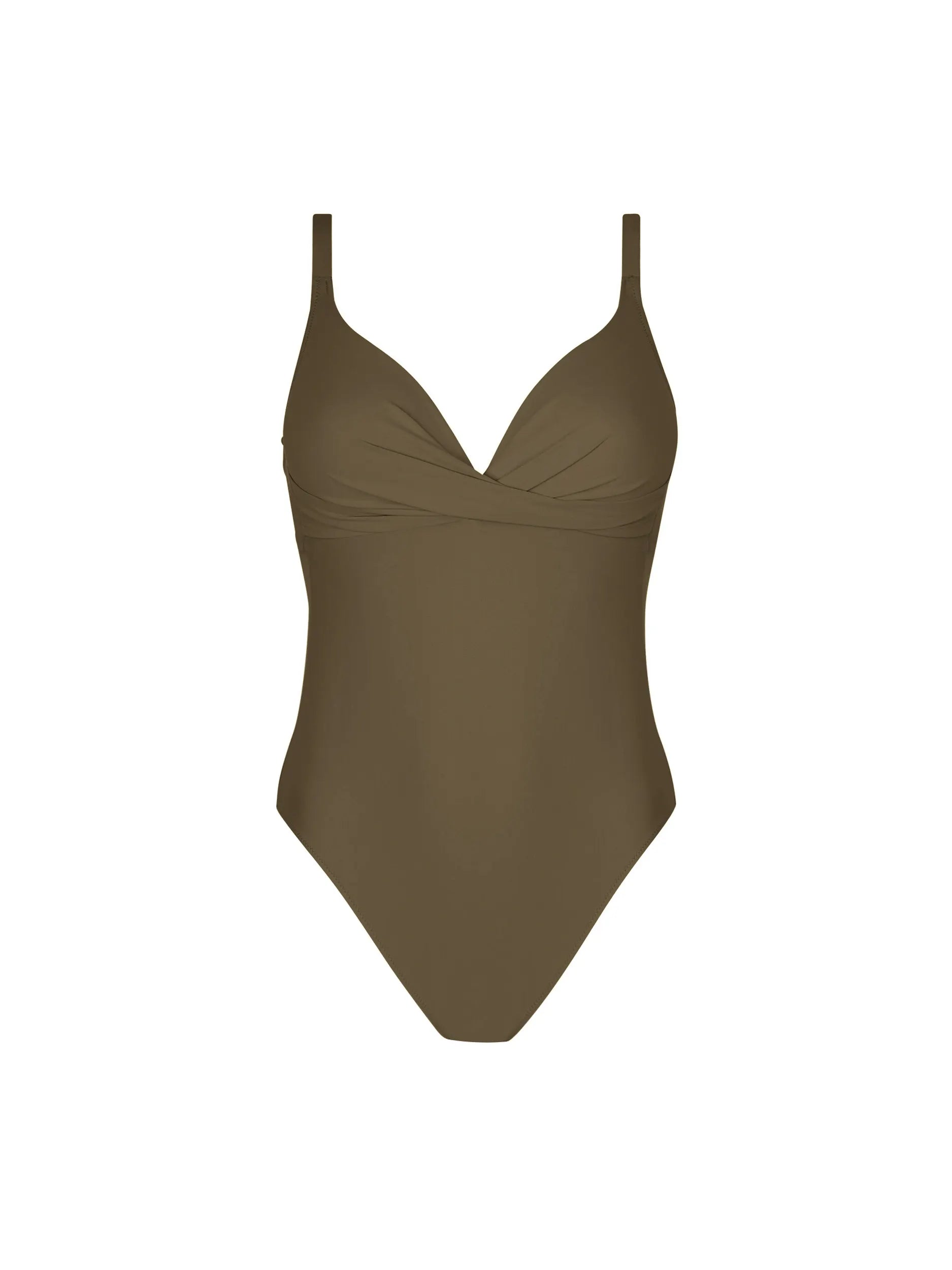 Padded cross front one piece with back clasp in dark green