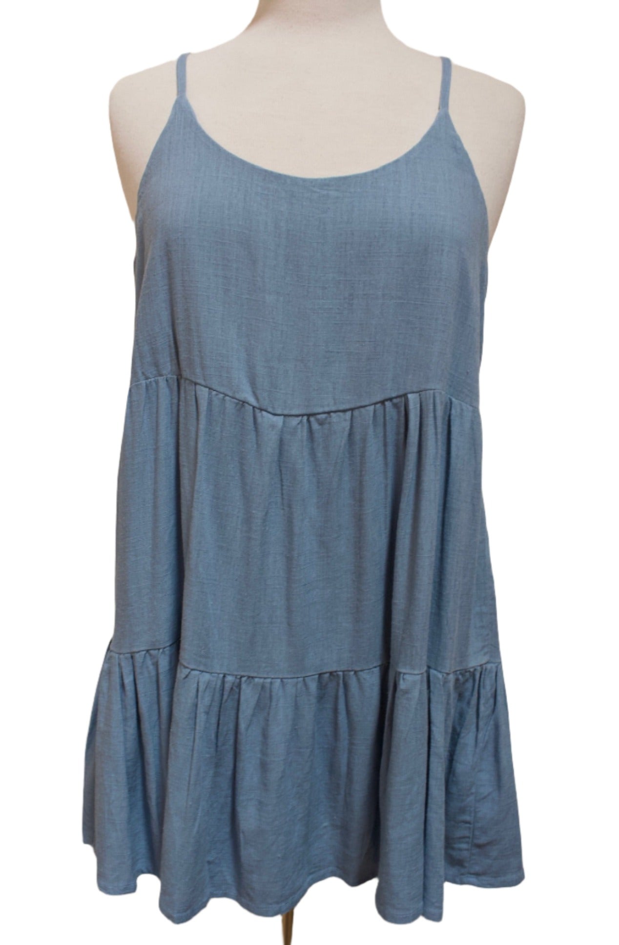 Short tiered blue dress with spaghetti straps