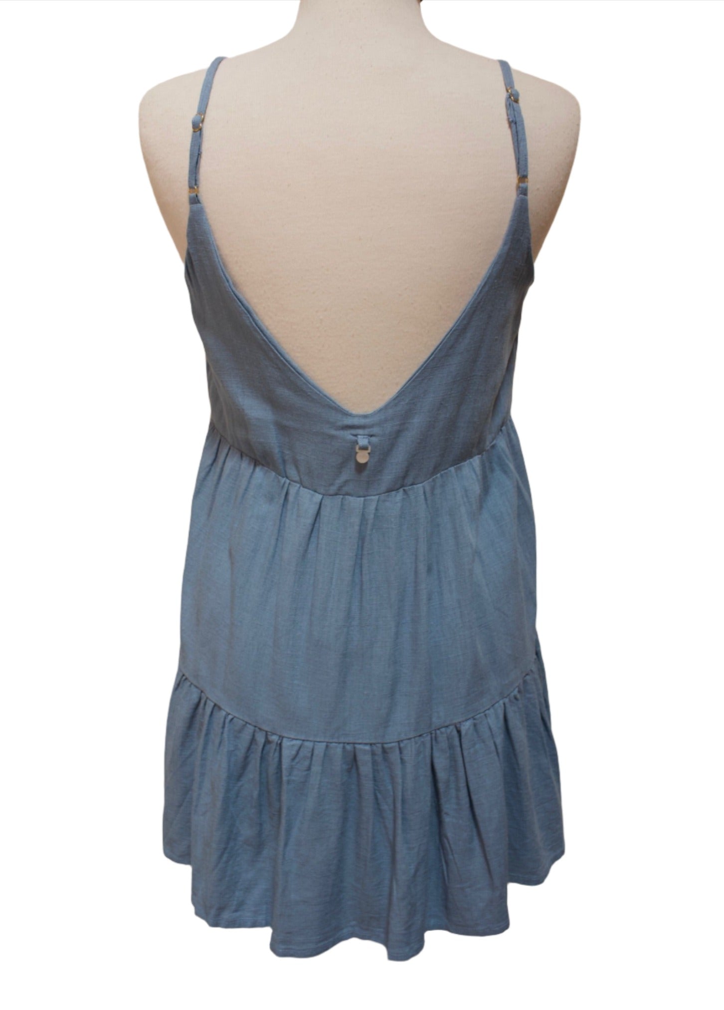 Short tiered blue dress with spaghetti straps