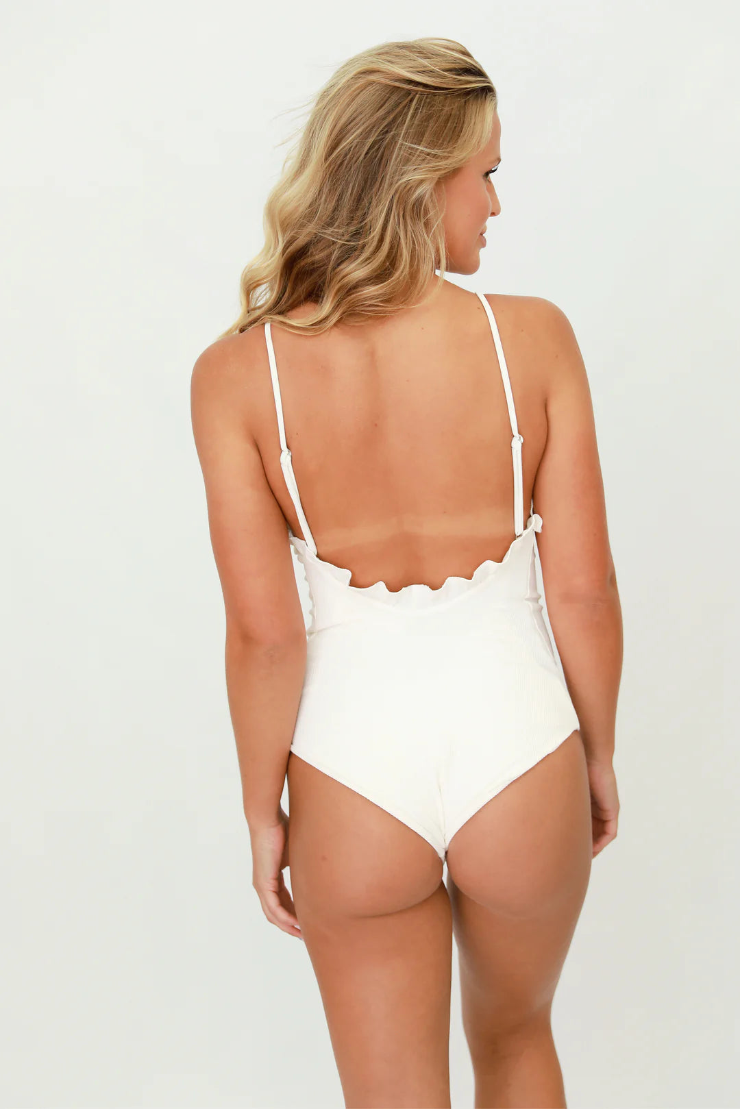 White Ribbed Ruffled One Piece