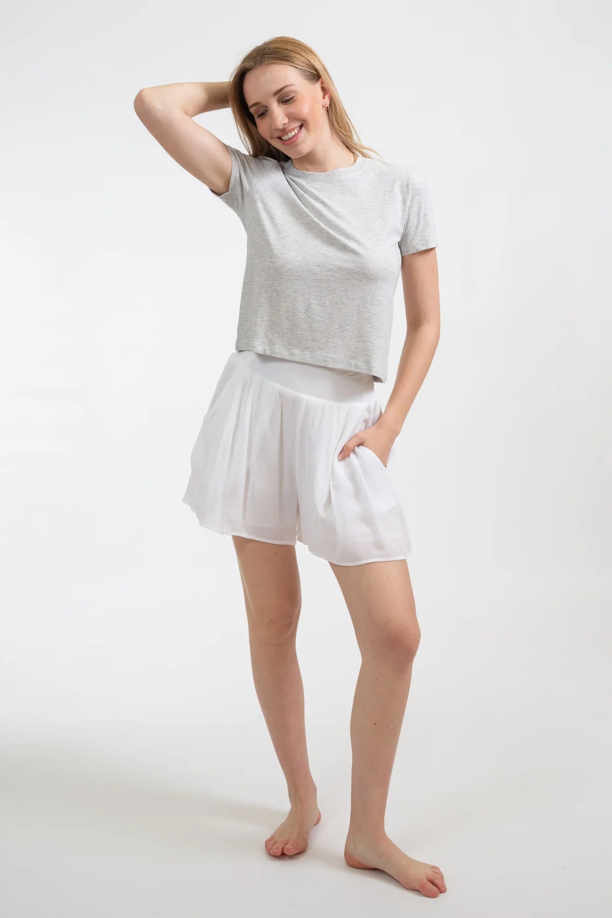 White 2025 smocked shorts