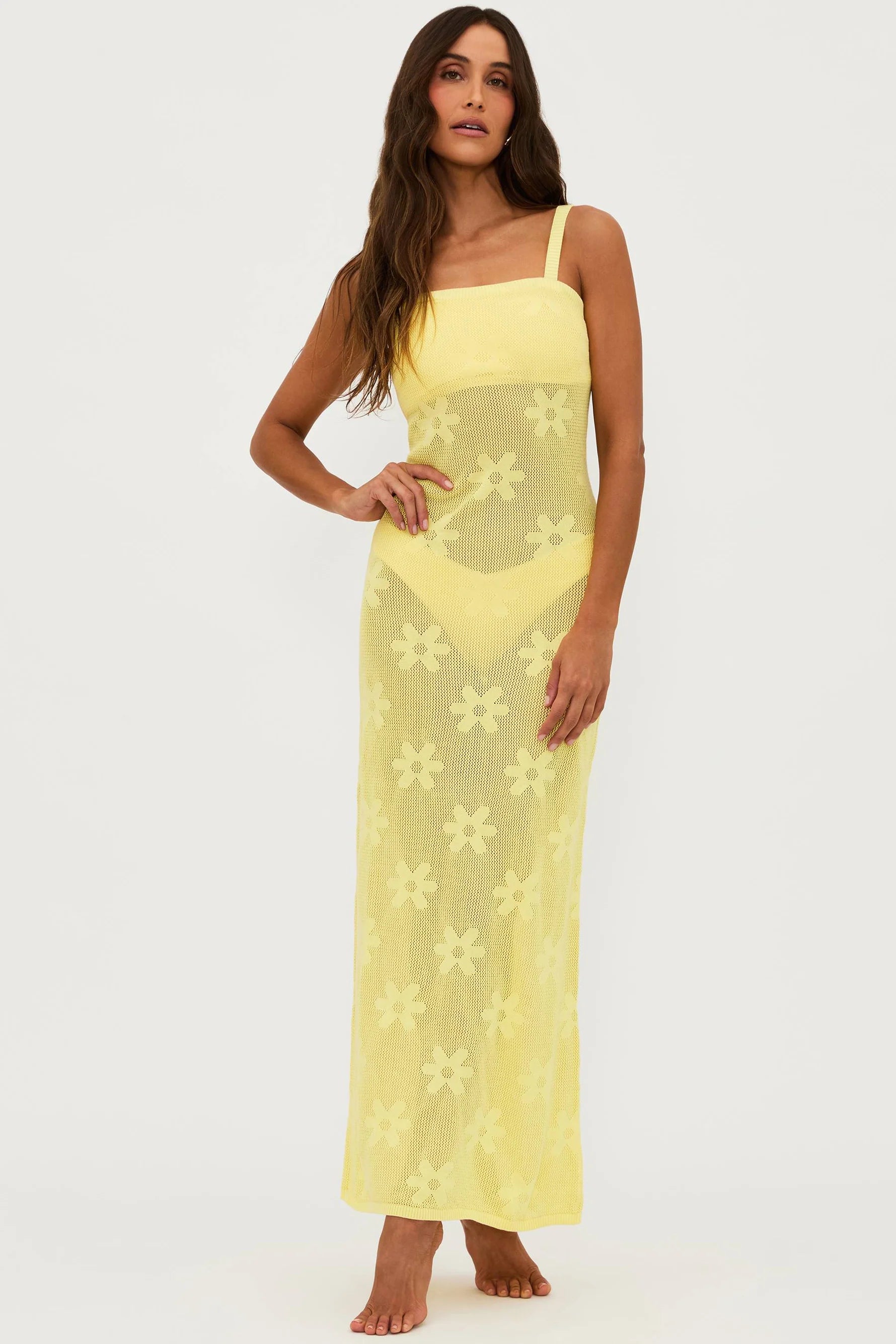 Sheer floral pattern coverup dress in yellow